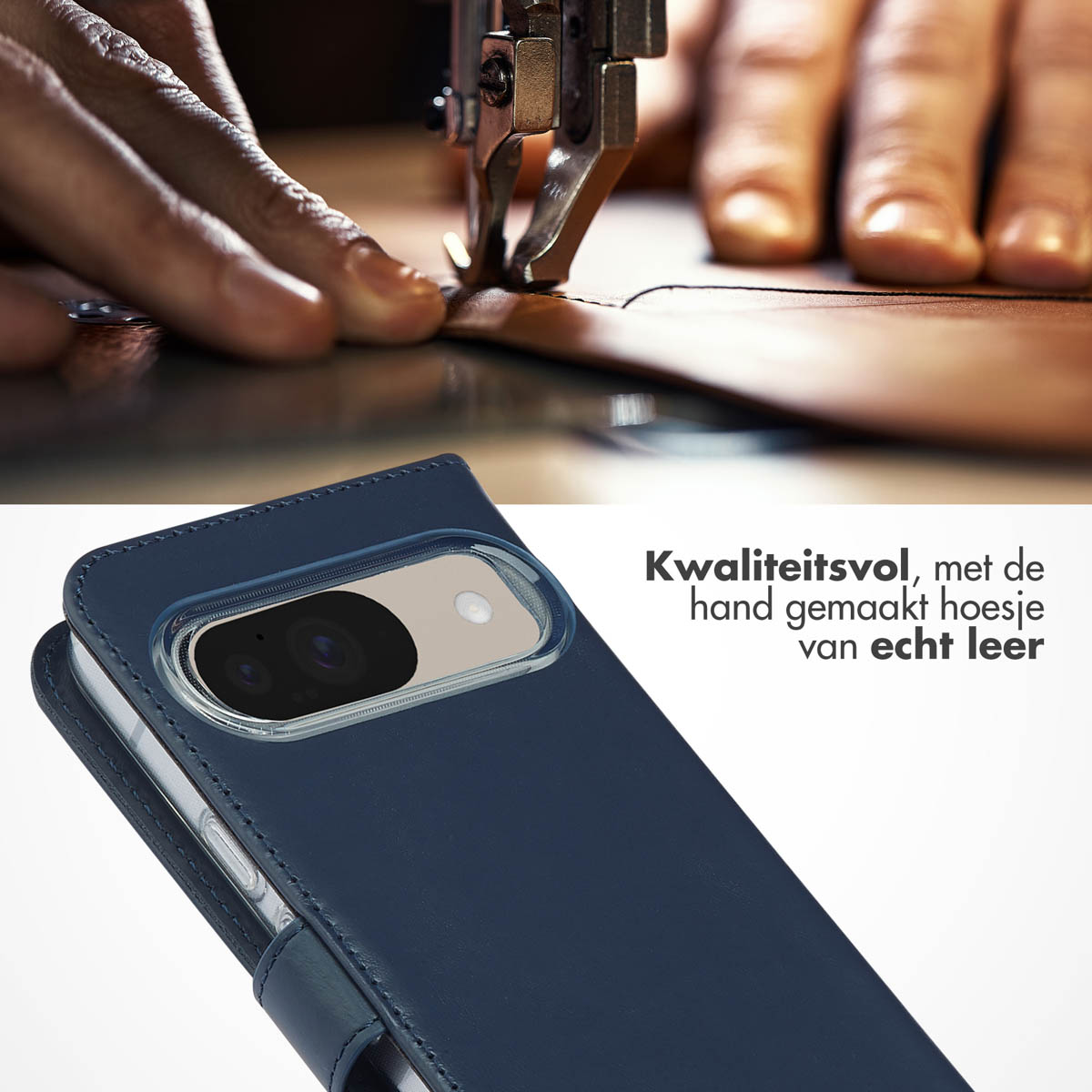 Nahaufnahme einer Nähmaschine, die Leder bearbeitet, und einer blauen Lederhülle für ein Smartphone.