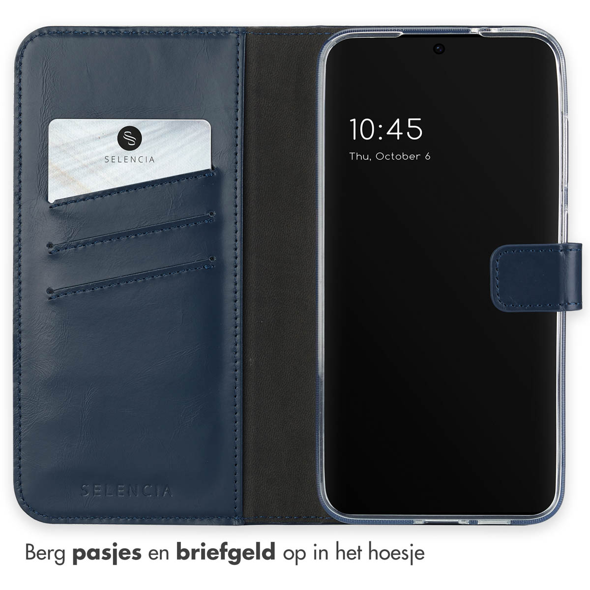 Custodia blu scuro per telefono con slot per carte e chiusura chiusa.