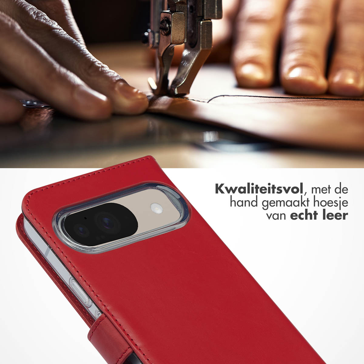 Mani che cuciono pelle con macchina; cover rossa per telefono con obiettivo.