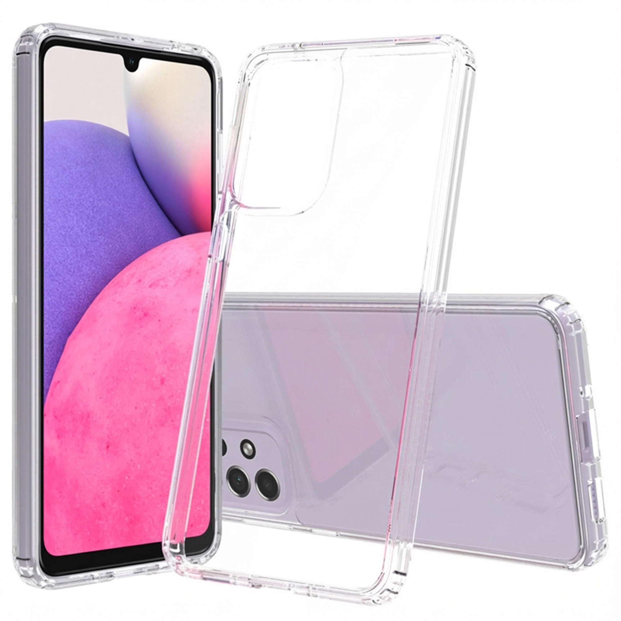 Custodia trasparente per telefono con sfondo viola e rosa.