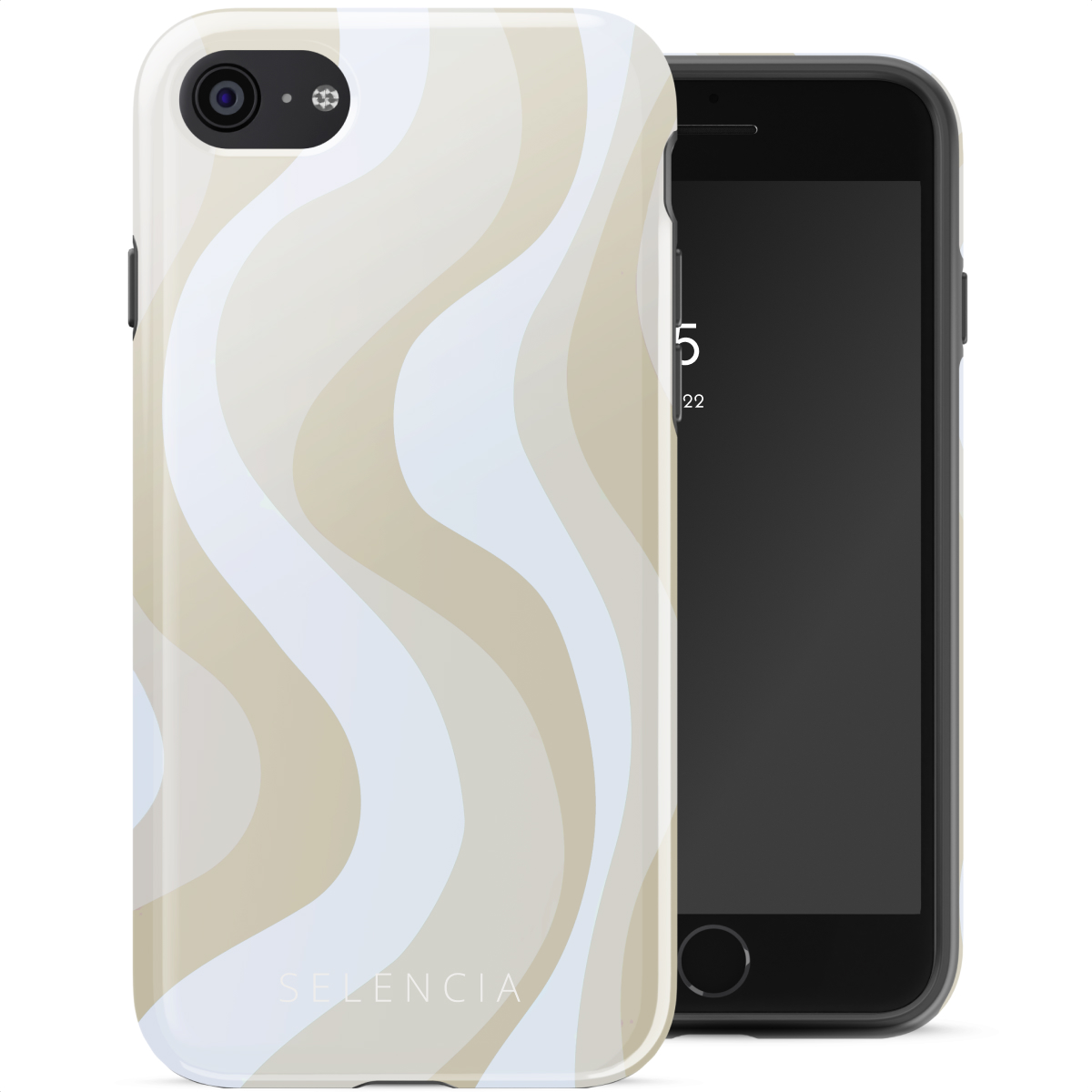 Un iPhone con una custodia a motivo ondulato nei colori beige e bianco.