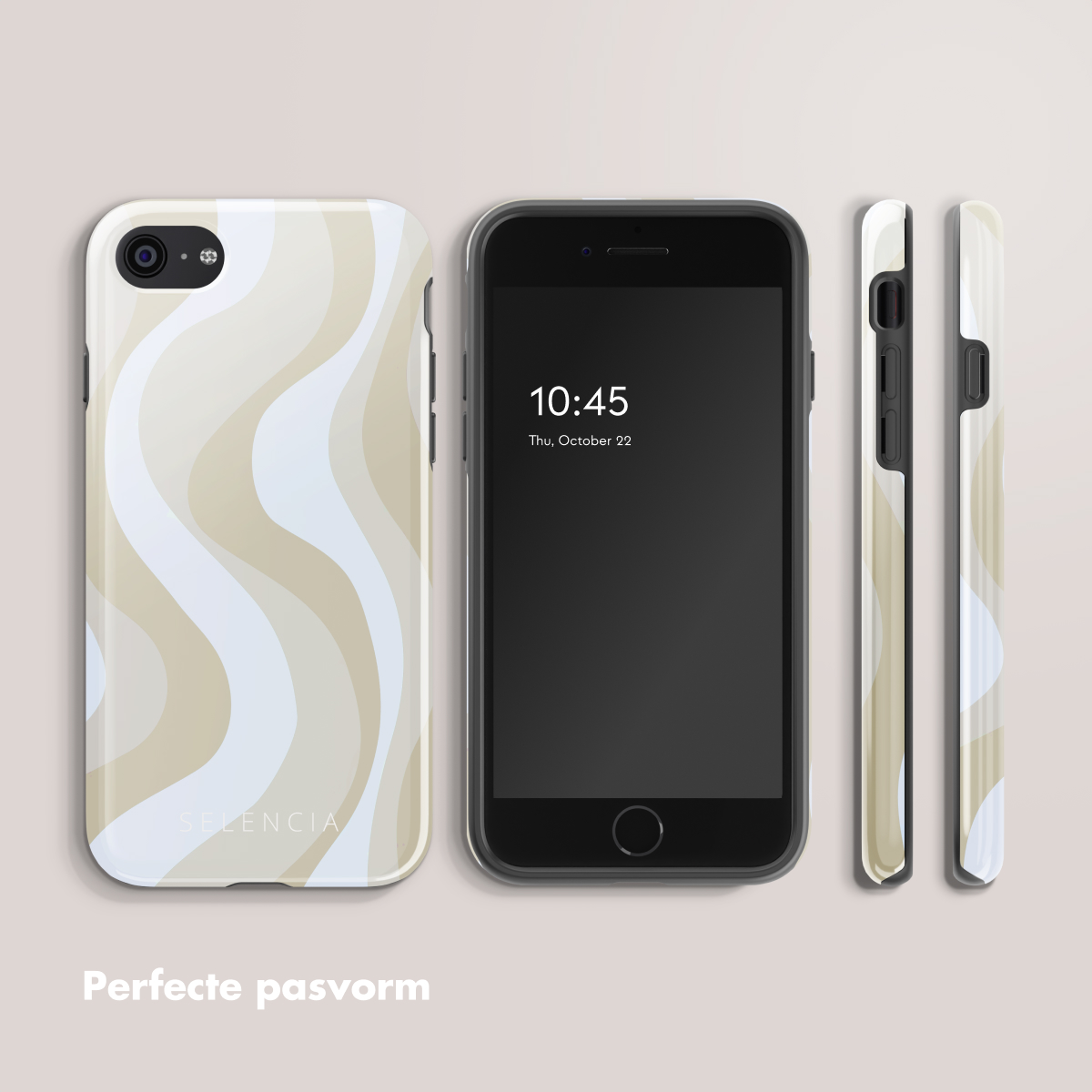 Un iPhone con una custodia con motivo a vortice beige e bianco e una custodia nera.