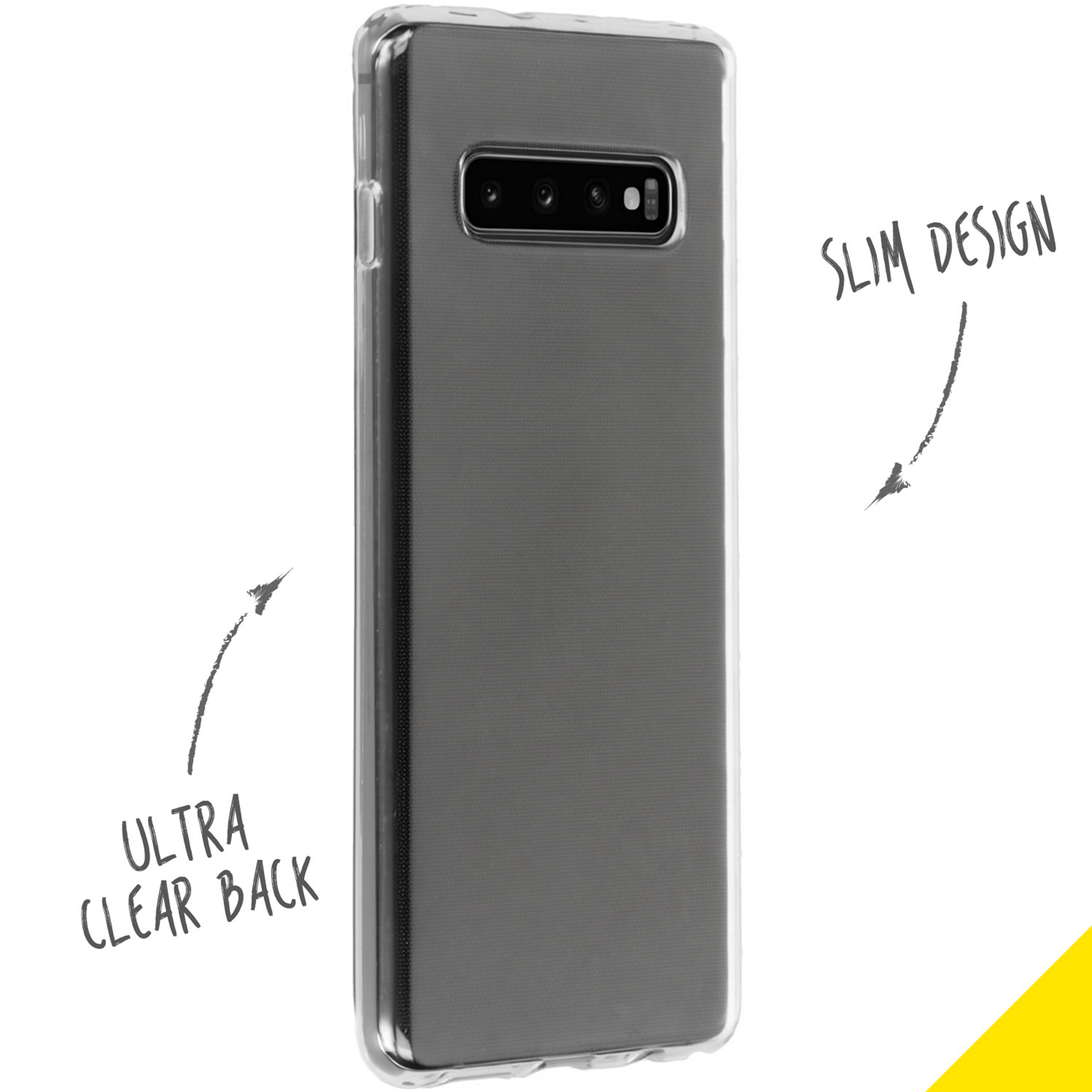 Custodia trasparente per telefono con fotocamera posteriore e scritta 'Slim Design'.