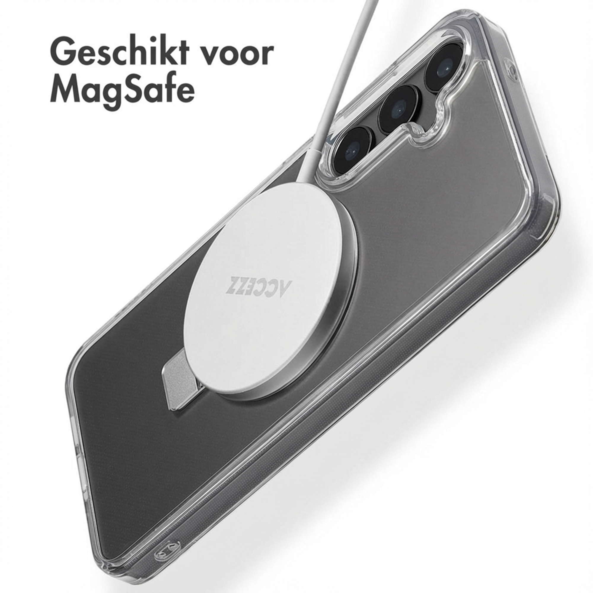 A smartphone with a MagSafe charger on the back and text in Dutch.