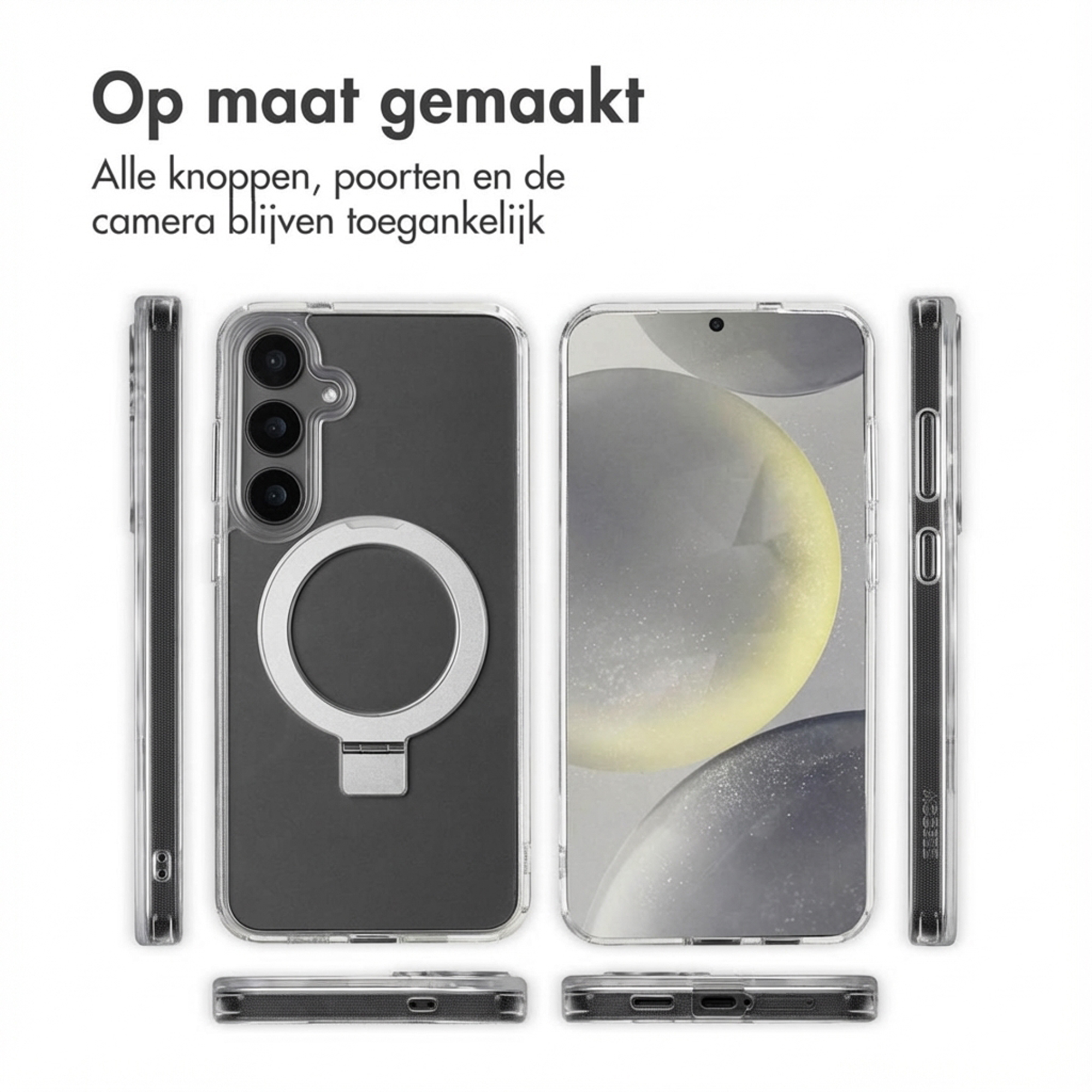 Clear phone case with a ring holder and integrated stand.