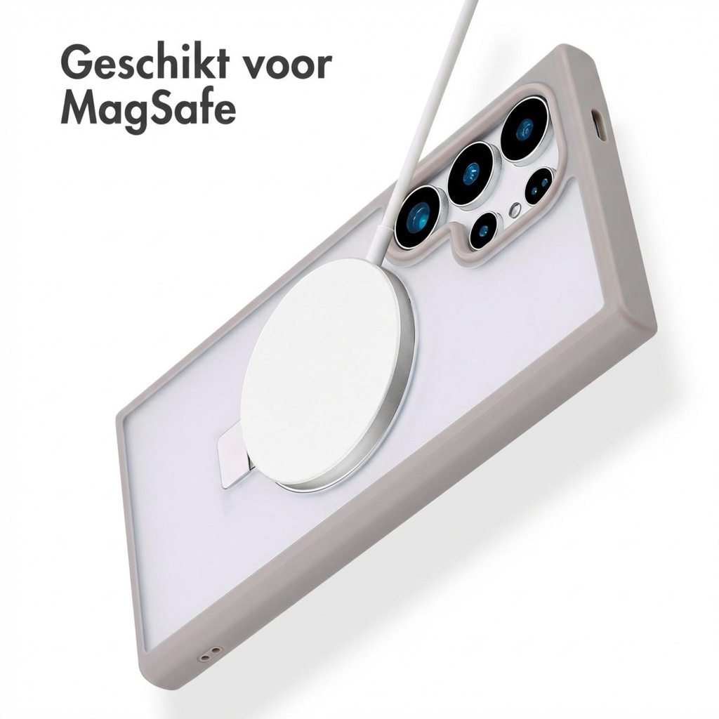 Uno smartphone con caricatore MagSafe in custodia grigia. Testo: "Geschikt voor MagSafe"