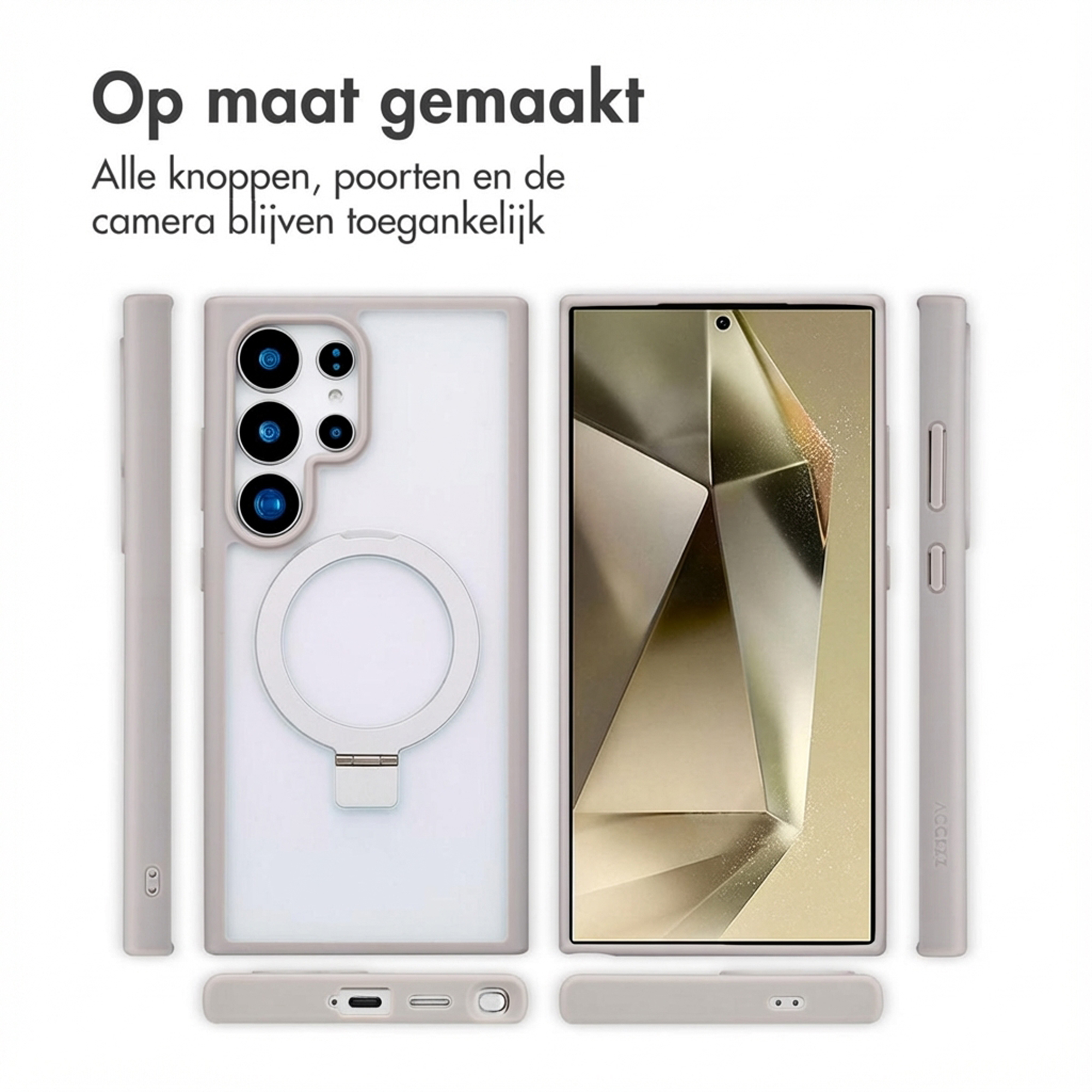 Custodia grigia per telefono con sistema di fotocamera e anello portaoggetti, accanto a uno smartphone.