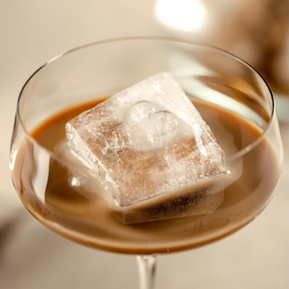 Ein großer Eiswürfel mit Herzform in einem Glas mit hellbrauner Flüssigkeit.
