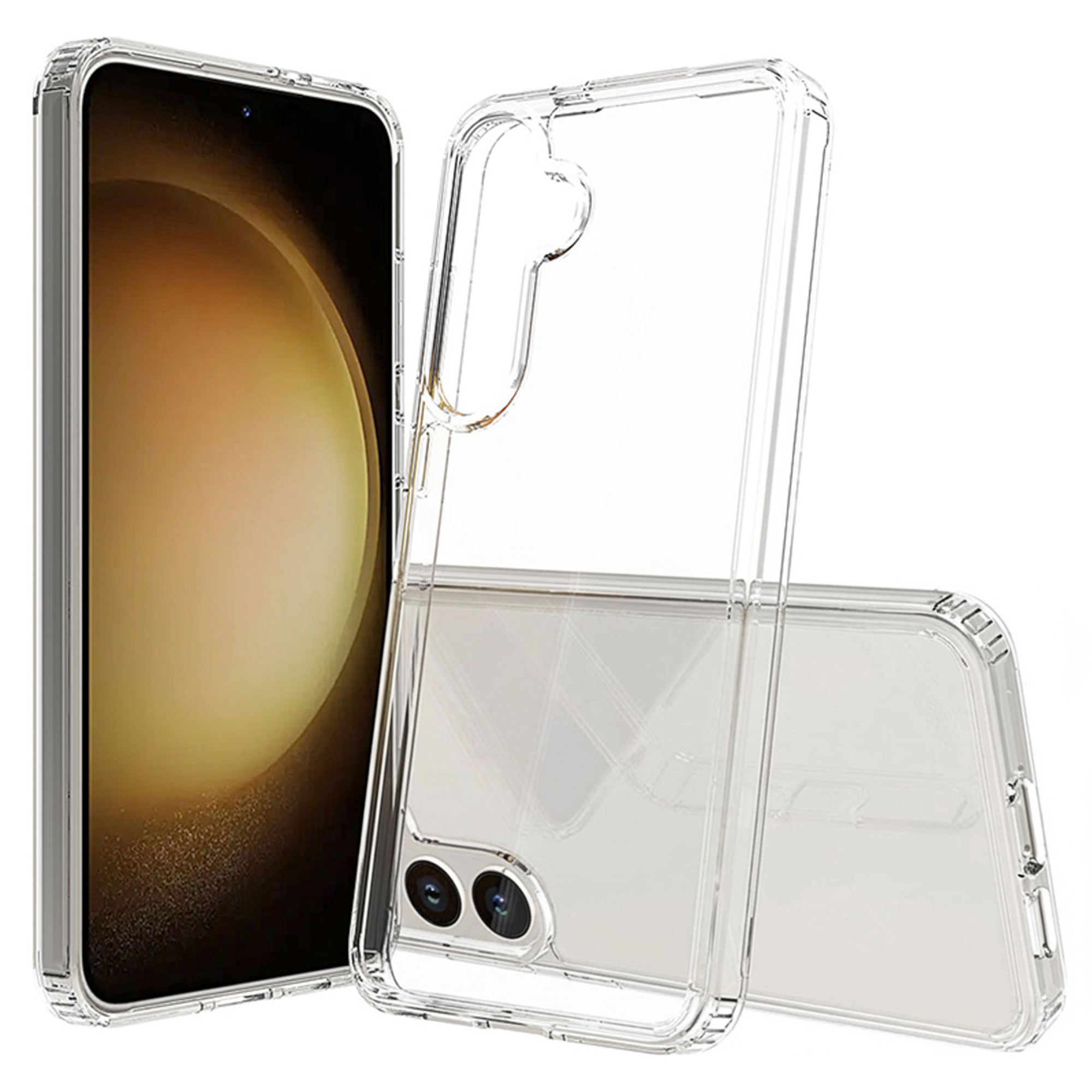 Ein durchsichtiges Handyhülle liegt neben einem Handy mit goldenem Bildschirm.