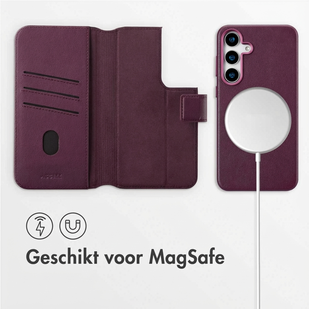 Una custodia per telefono rosso scuro, aperta e chiusa, con caricatore MagSafe.