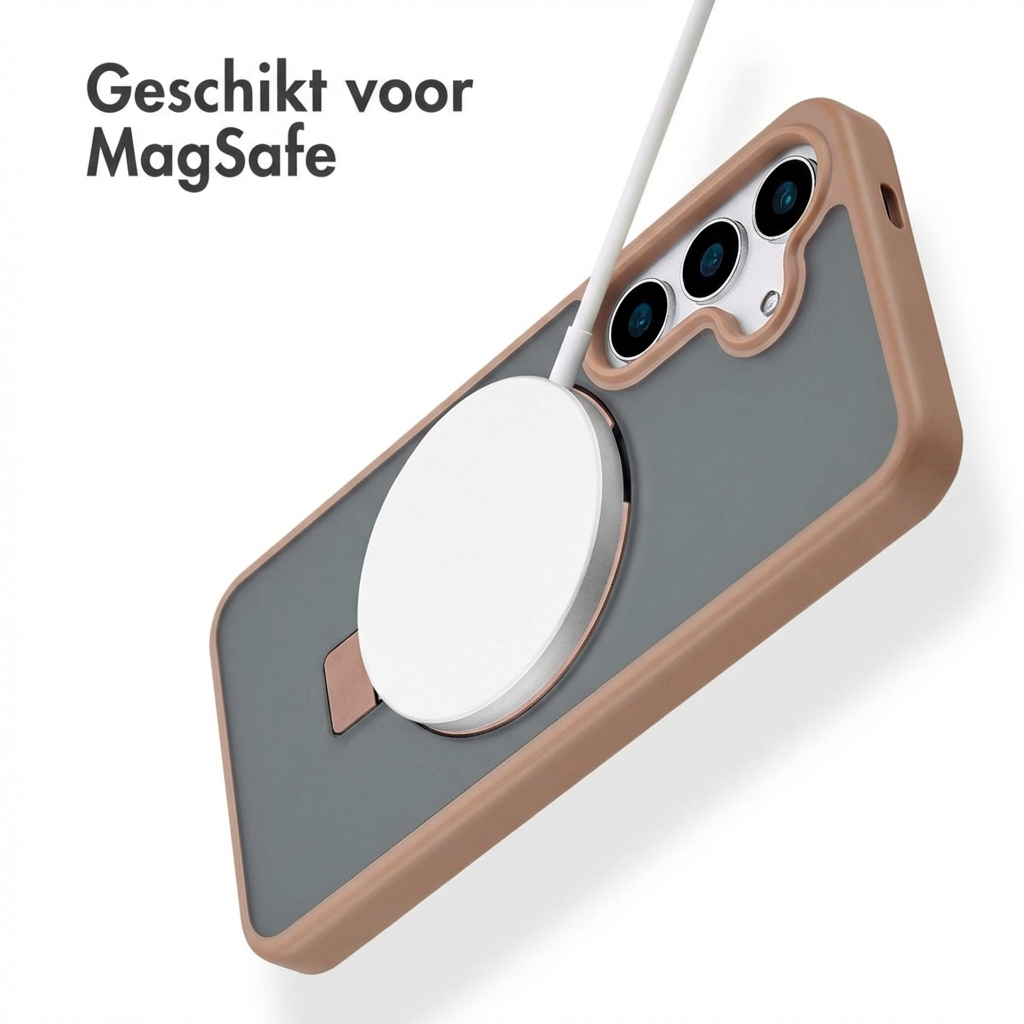 Custodia grigia per telefono con bordo abbronzato e caricatore MagSafe.