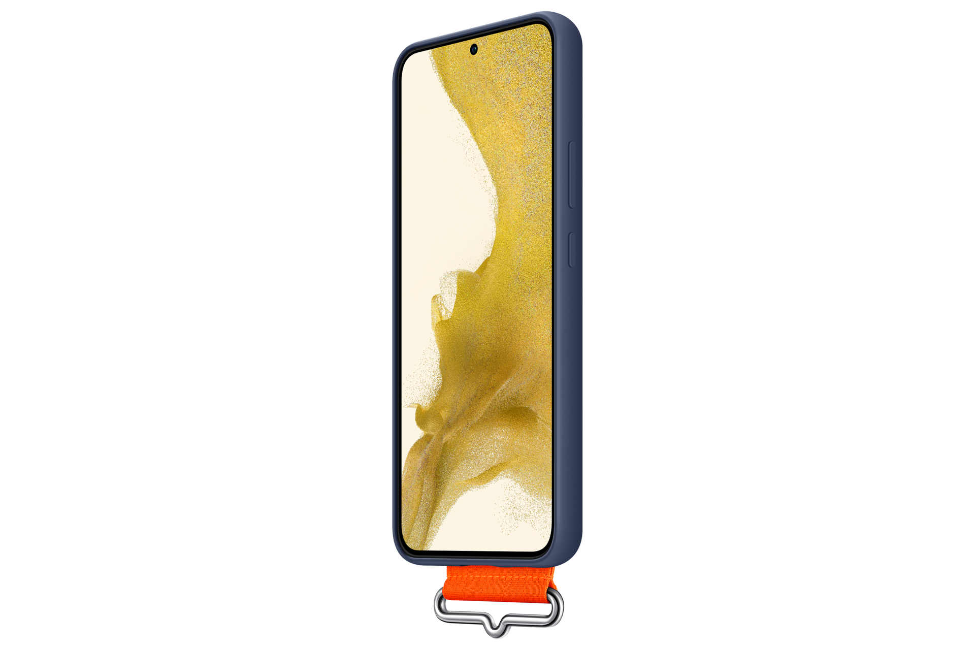 Ciemnoniebieski telefon z pomarańczowym paskiem i srebrnym hakiem.