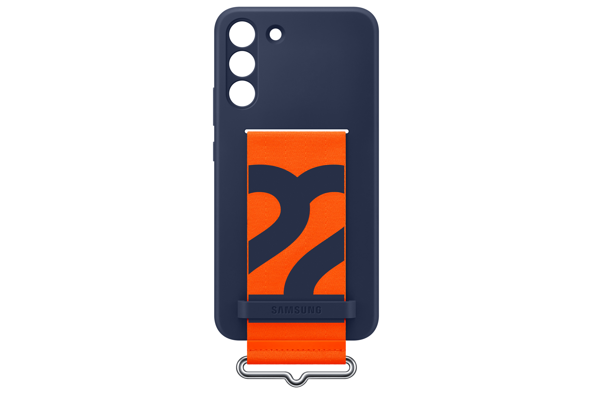 Granatowe etui na telefon z pomarańczowym paskiem i czarnym wzorem.