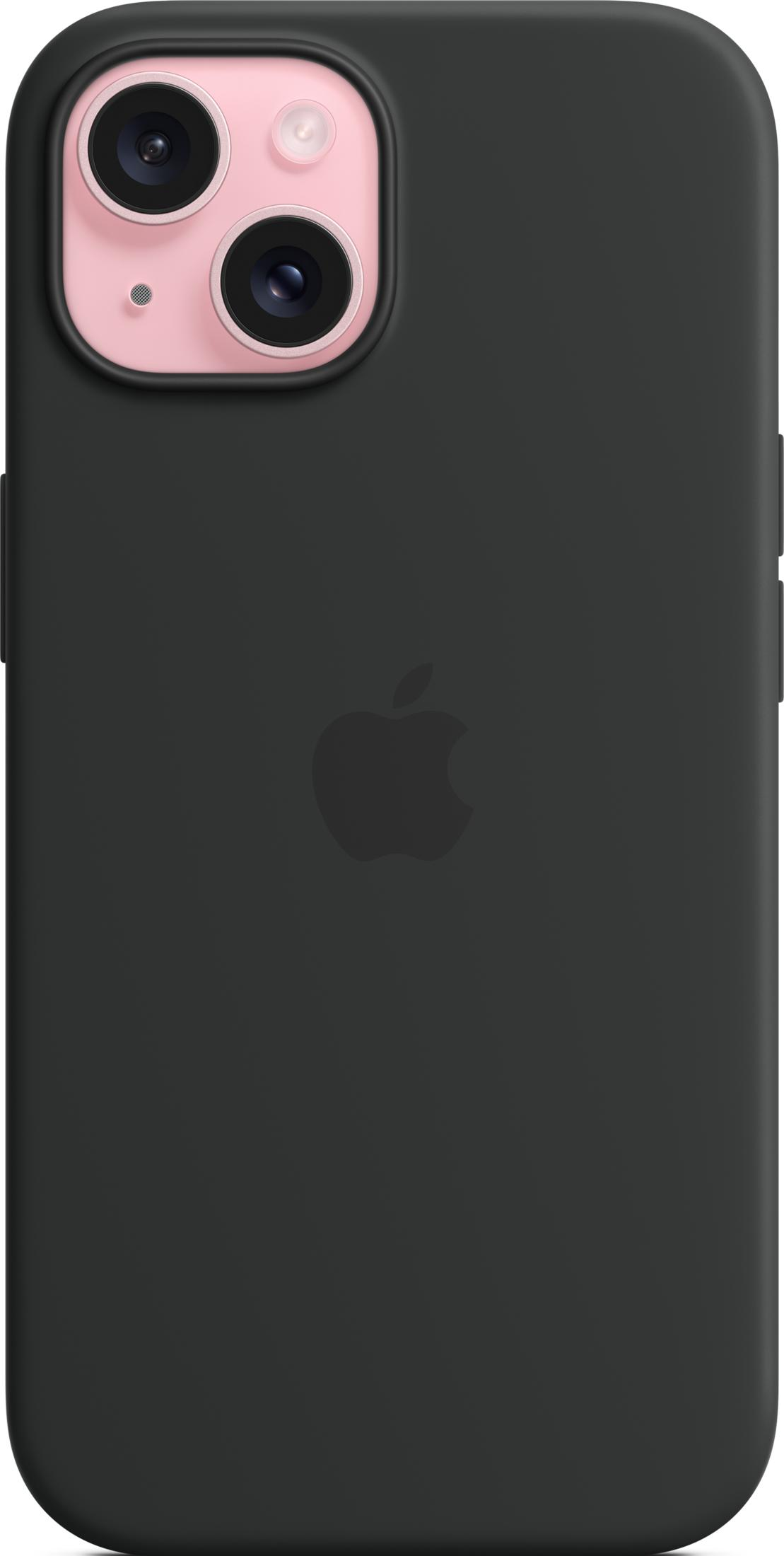 Schwarzes iPhone mit rosafarbenem Kameramodul und Apple-Logo.