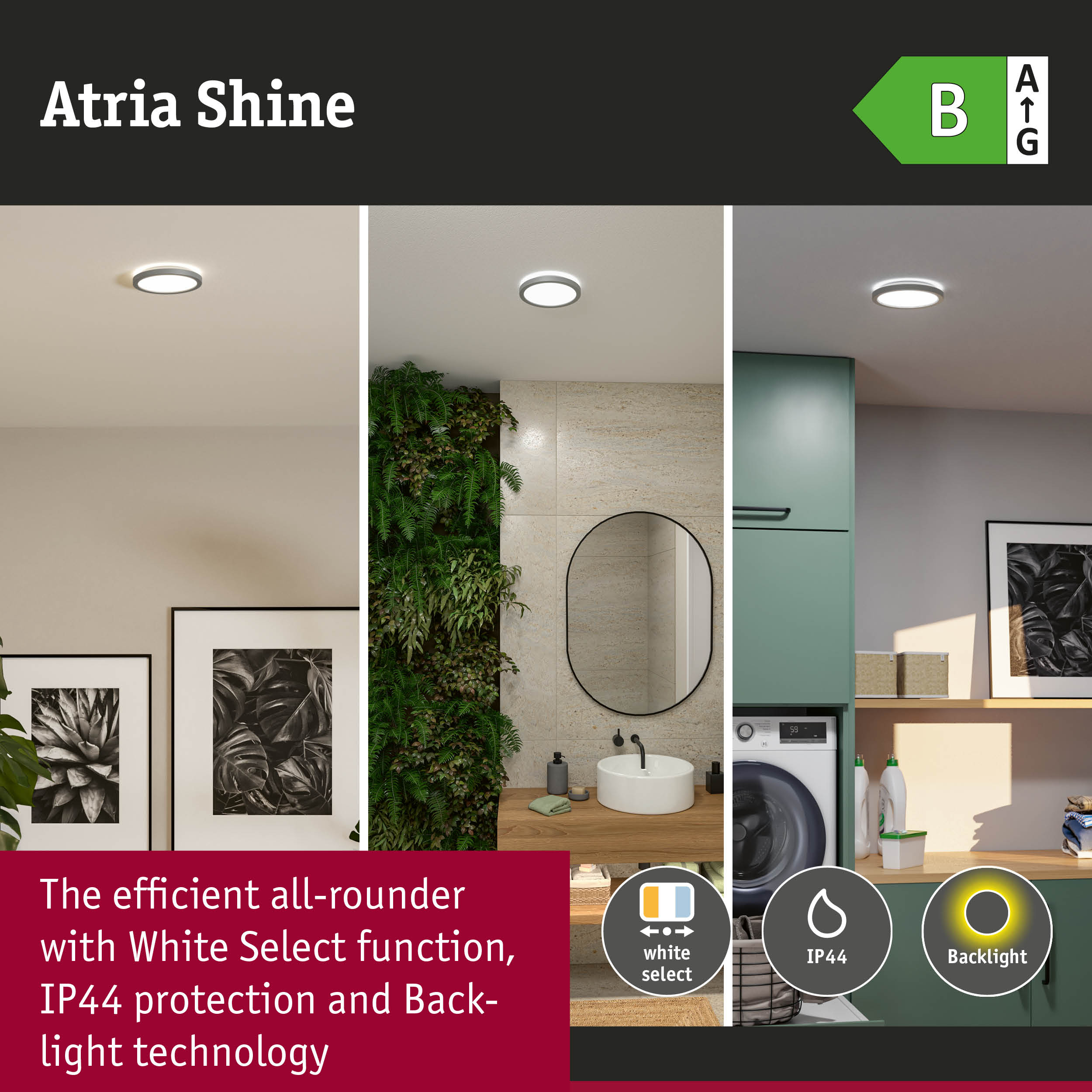 Lampa Atria Shine z klasą energetyczną B, IP44 i podświetleniem.
