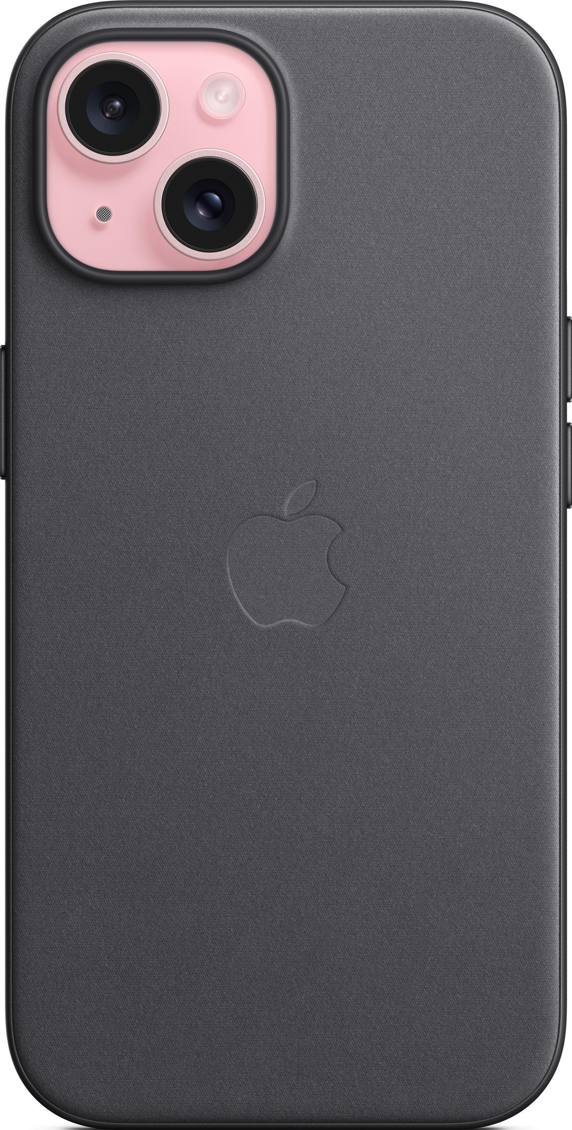 Funda gris oscura para iPhone con logo de Apple y corte de cámara.