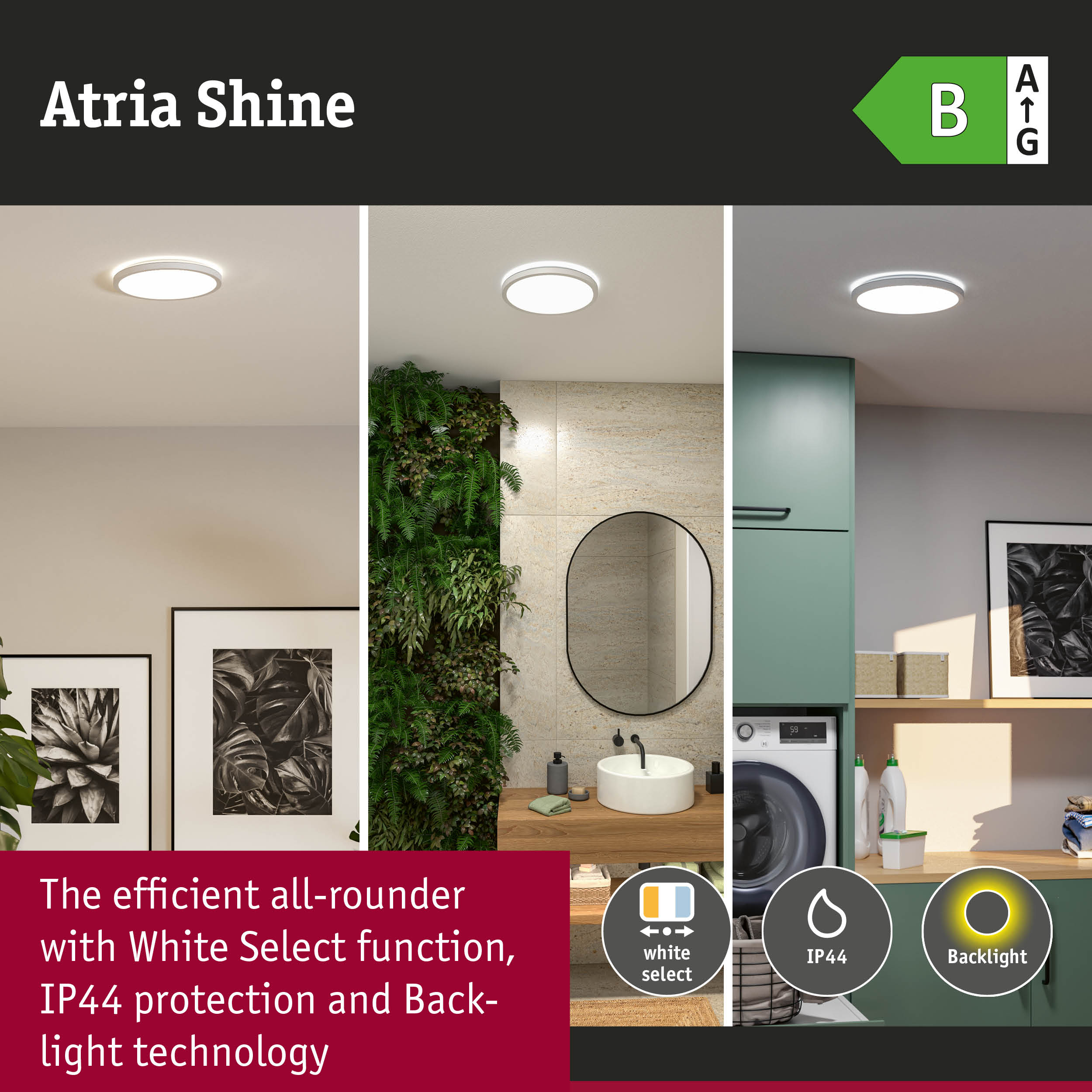 Lampa Atria Shine o klasie energetycznej B, łazienka, pralnia.