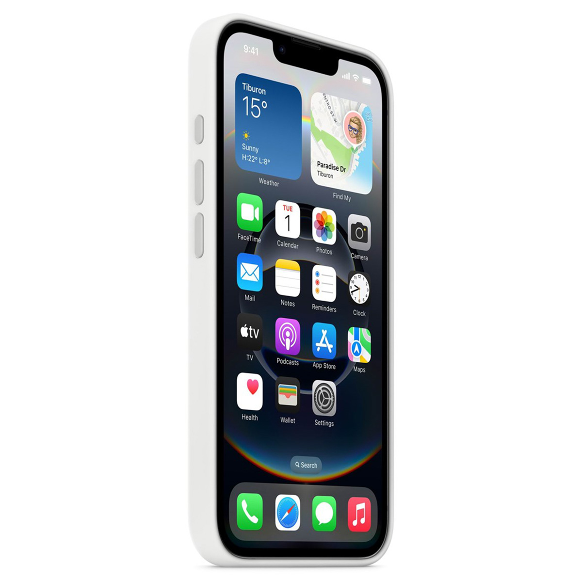 Un iPhone blanco en una funda muestra su pantalla de inicio con clima e iconos de apps.