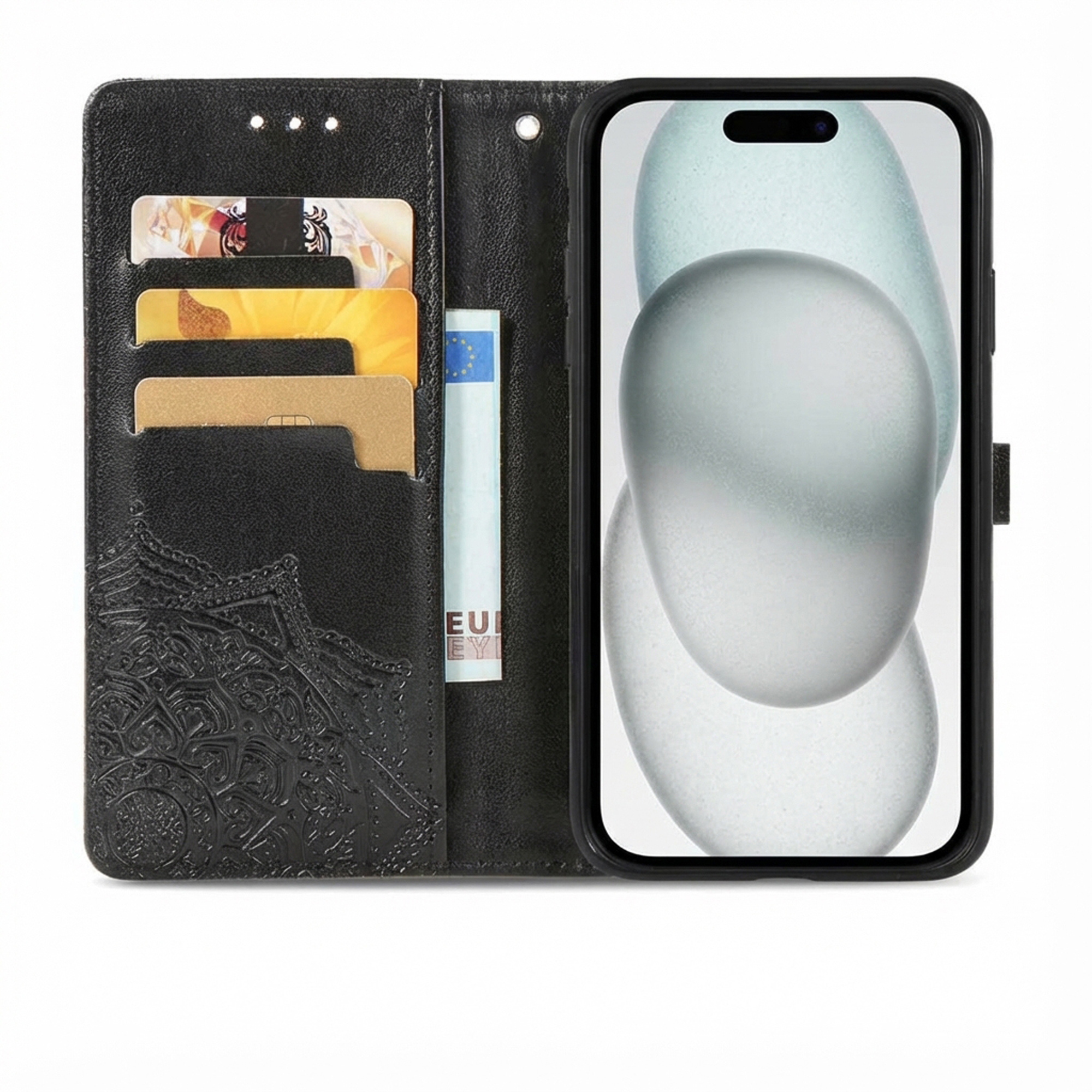Un étui de téléphone noir avec fentes pour cartes et motif en relief.