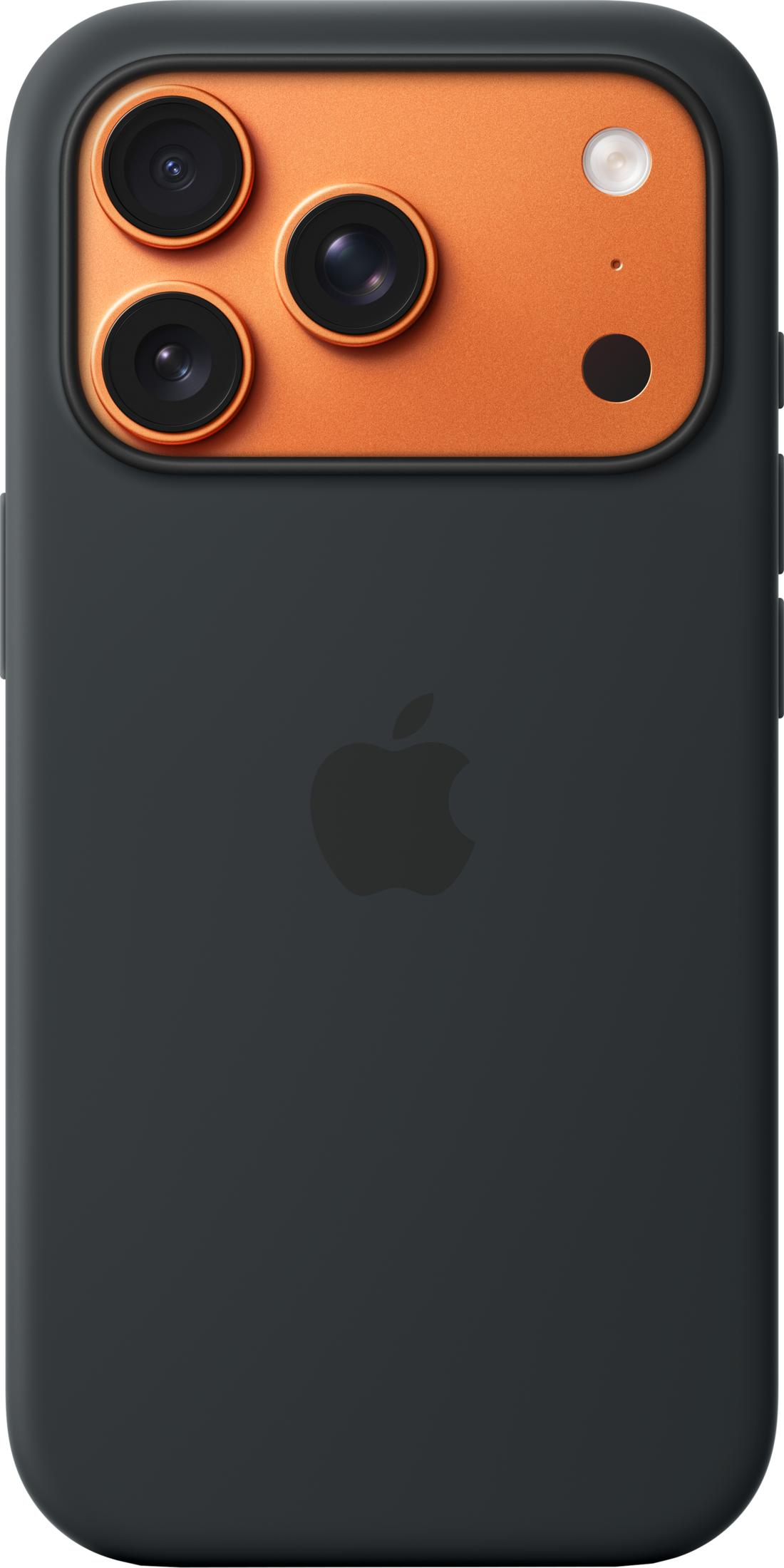 Dark gray iPhone case with triple camera and orange insert. Apple logo visible.