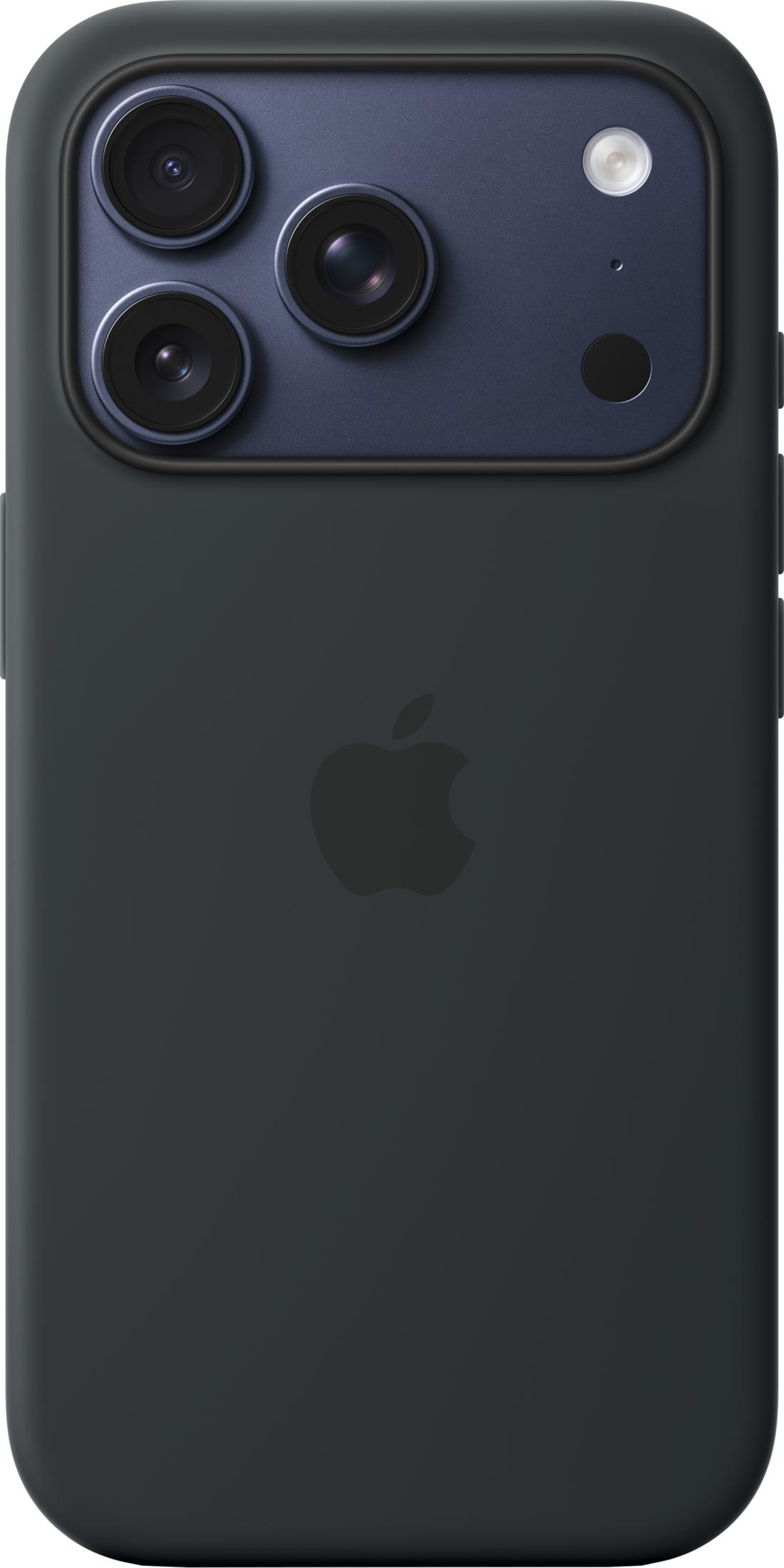Dark gray iPhone case with triple camera and Apple logo.