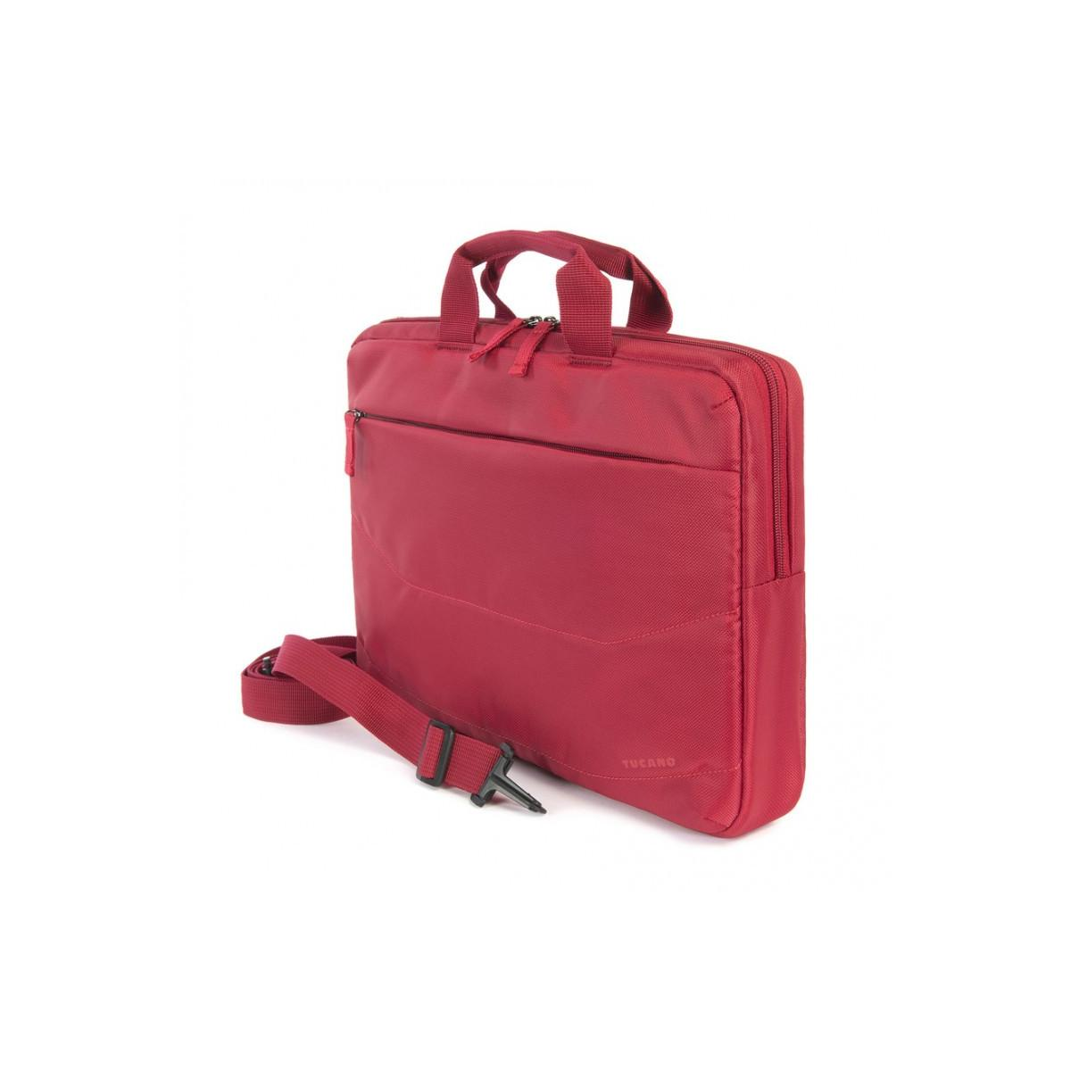 Borsa rossa per laptop con manici e tracolla rimovibile.