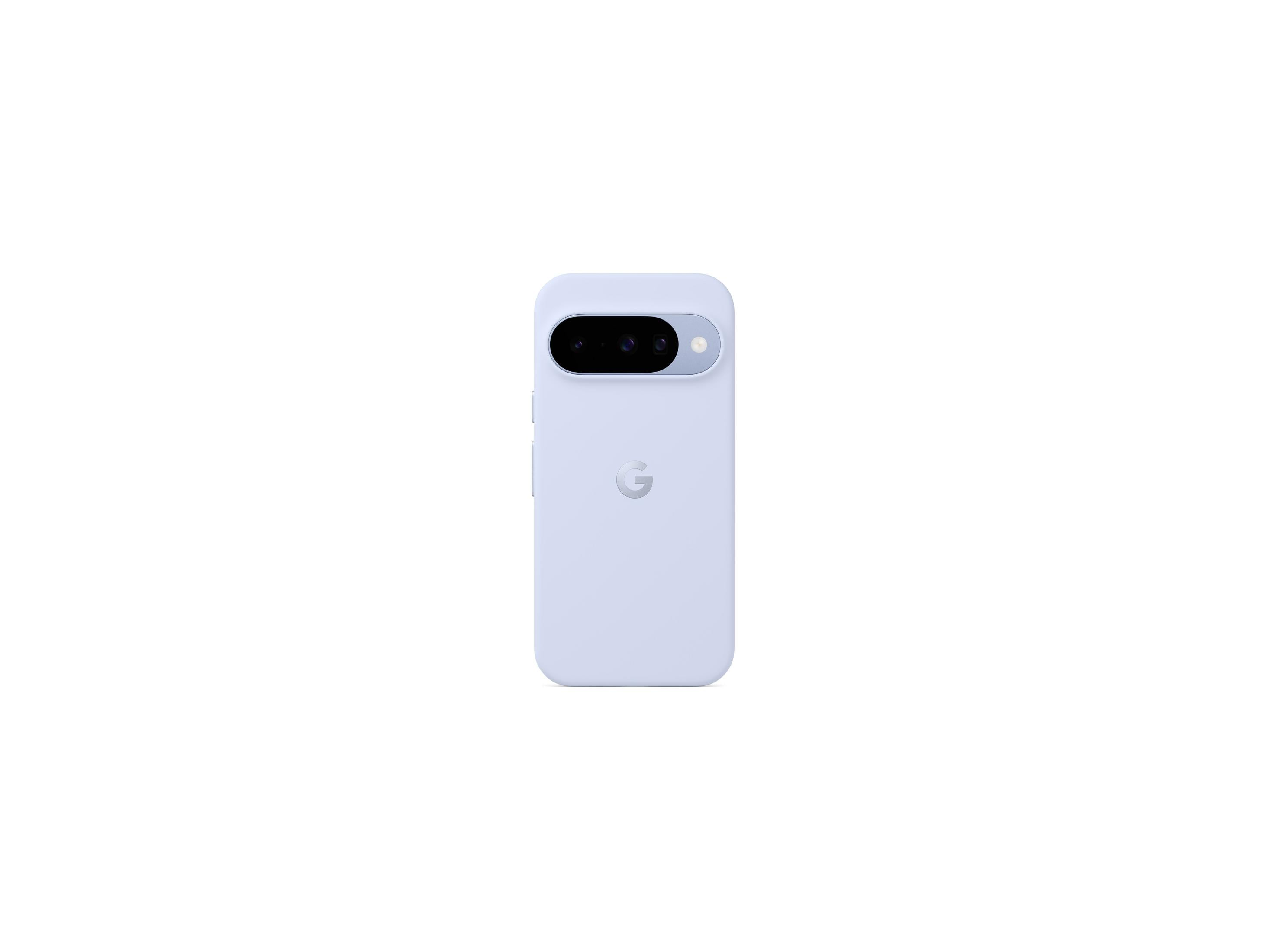 Een lichtblauwe smartphone met drie camera's en een Google-logo.