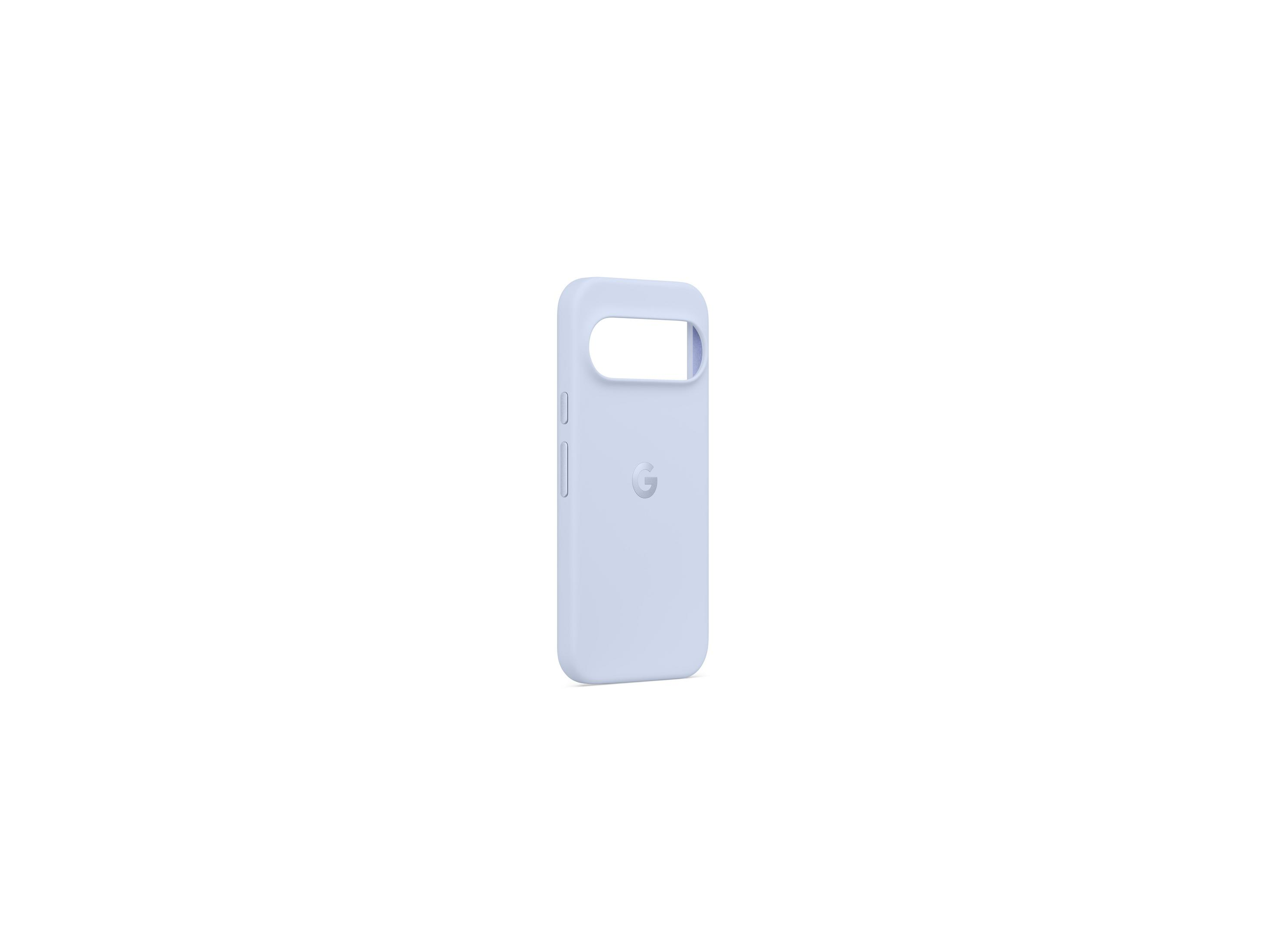 Een lichtpaarse telefoonhoes met een Google-logo op een witte achtergrond.