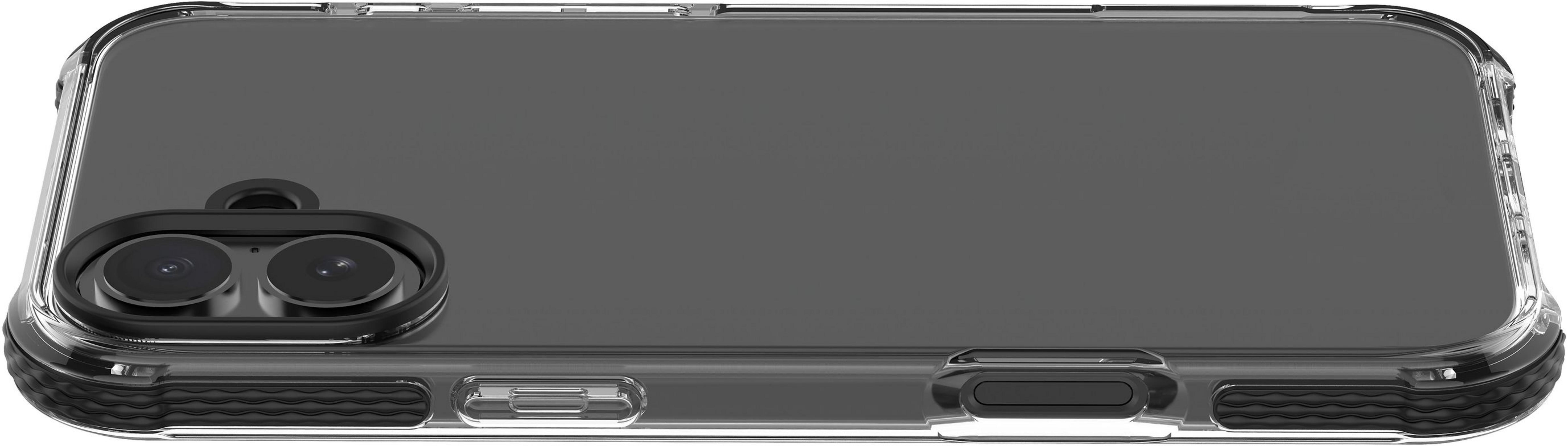 Funda transparente para teléfono con bisel de cámara y botones negros.