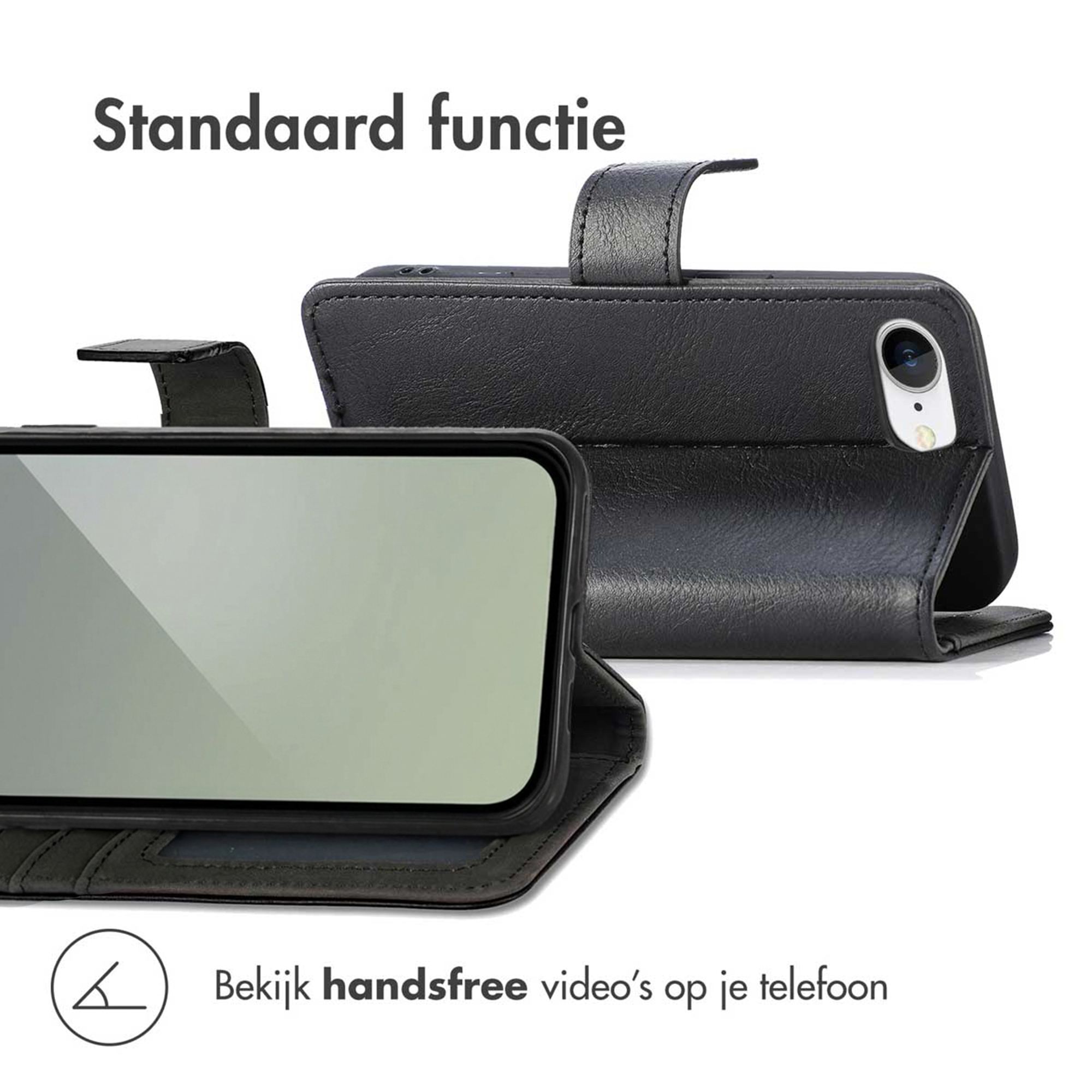 Schwarzes Handy-Flip-Case mit Ständerfunktion und Handy.