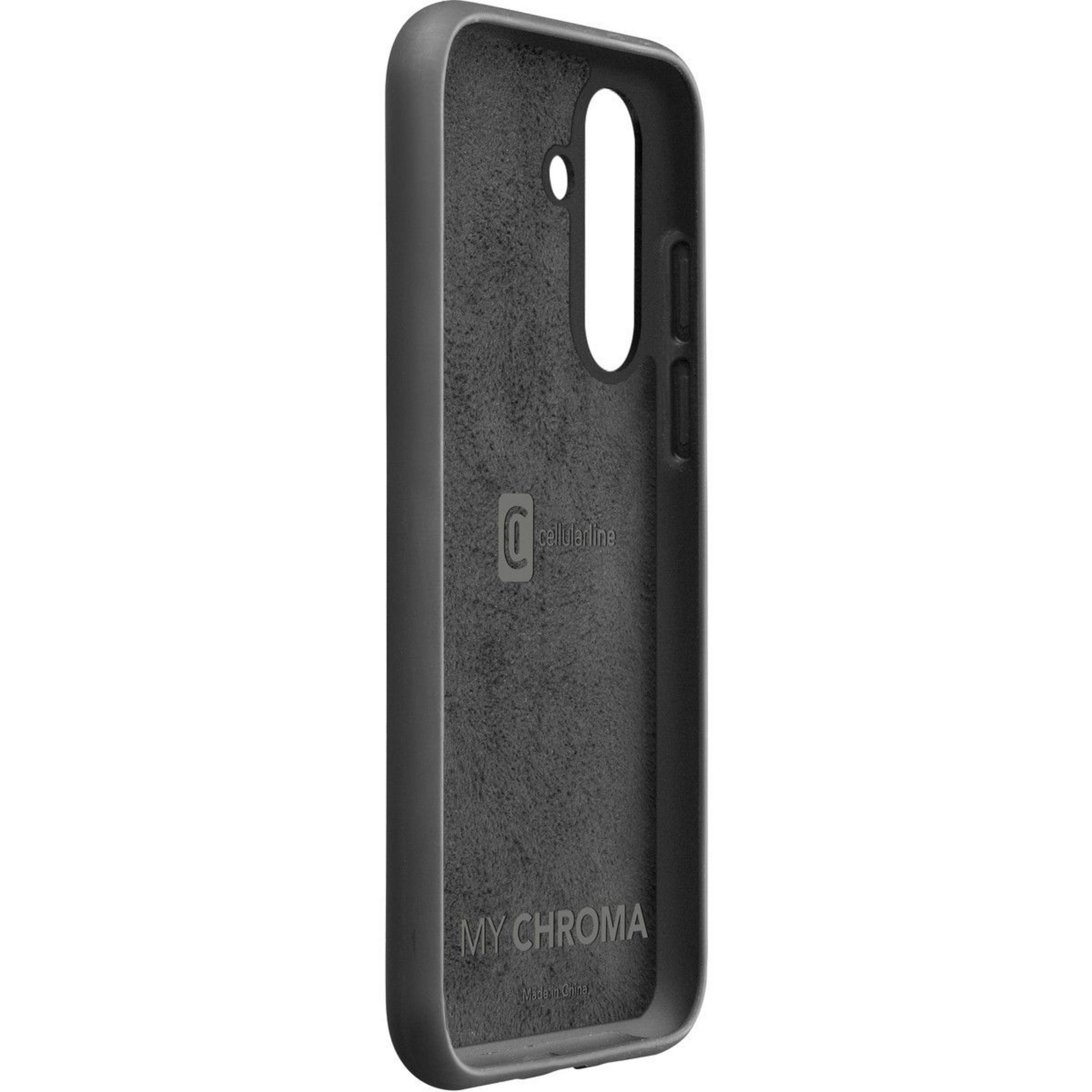 Custodia nera per telefono con ritagli per fotocamera e pulsanti. Logo interno.