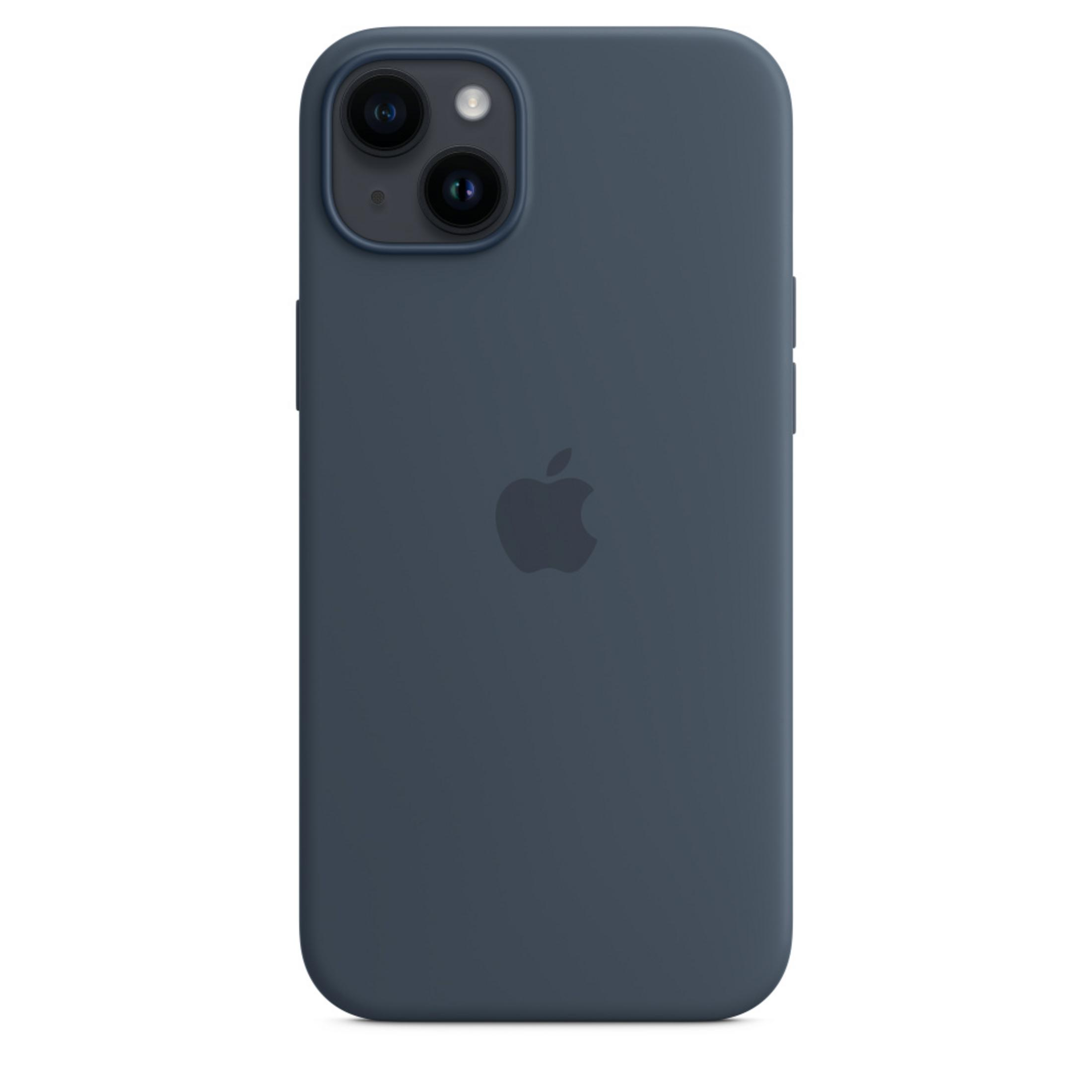 Ciemnoszare etui na iPhone z logo Apple i wycięciem na aparat.