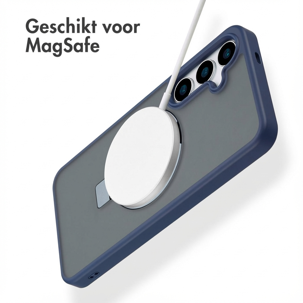 A smartphone with a MagSafe charger attached to its back. Text says "Geschikt voor MagSafe".