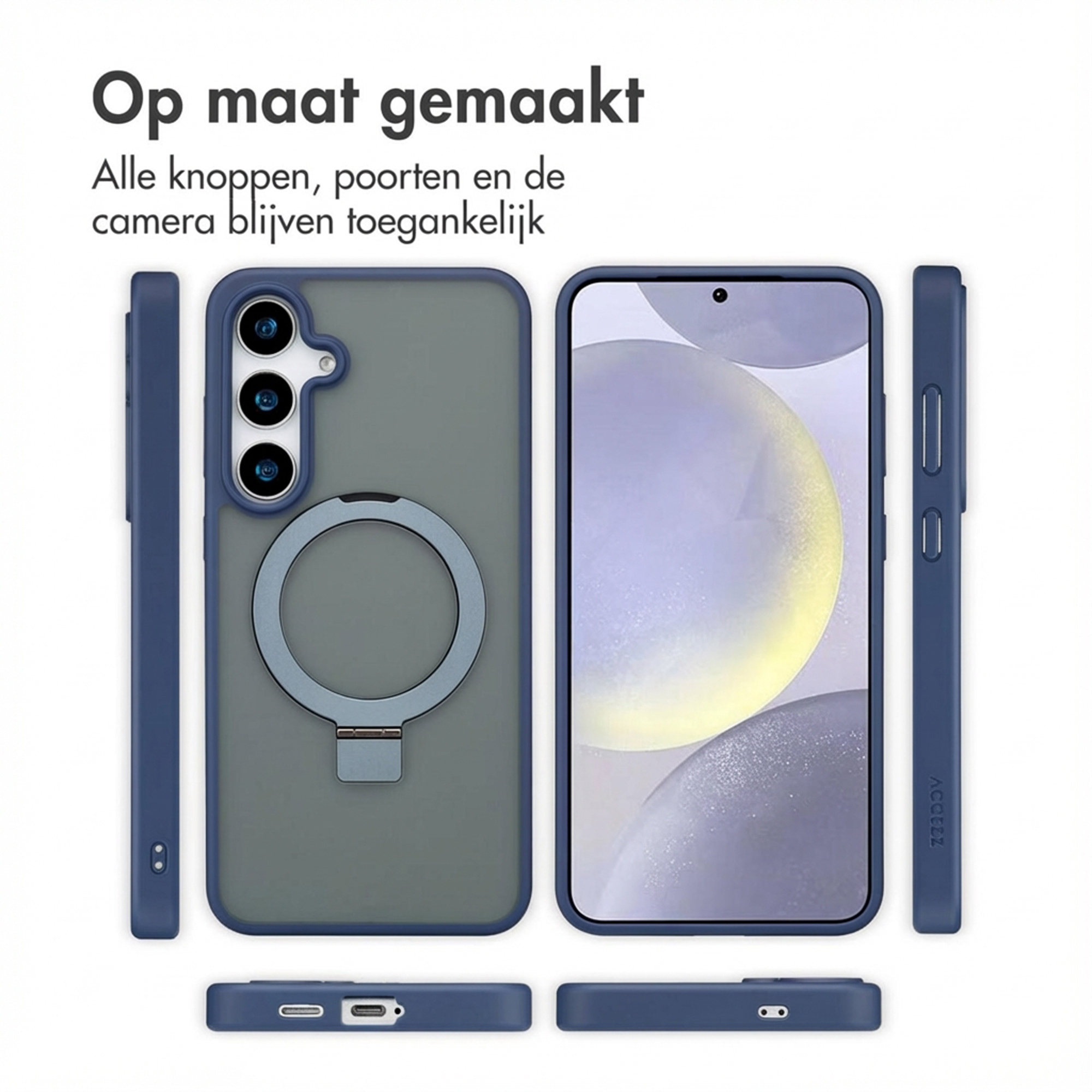 Blue phone case with ring holder, providing access to buttons and ports.