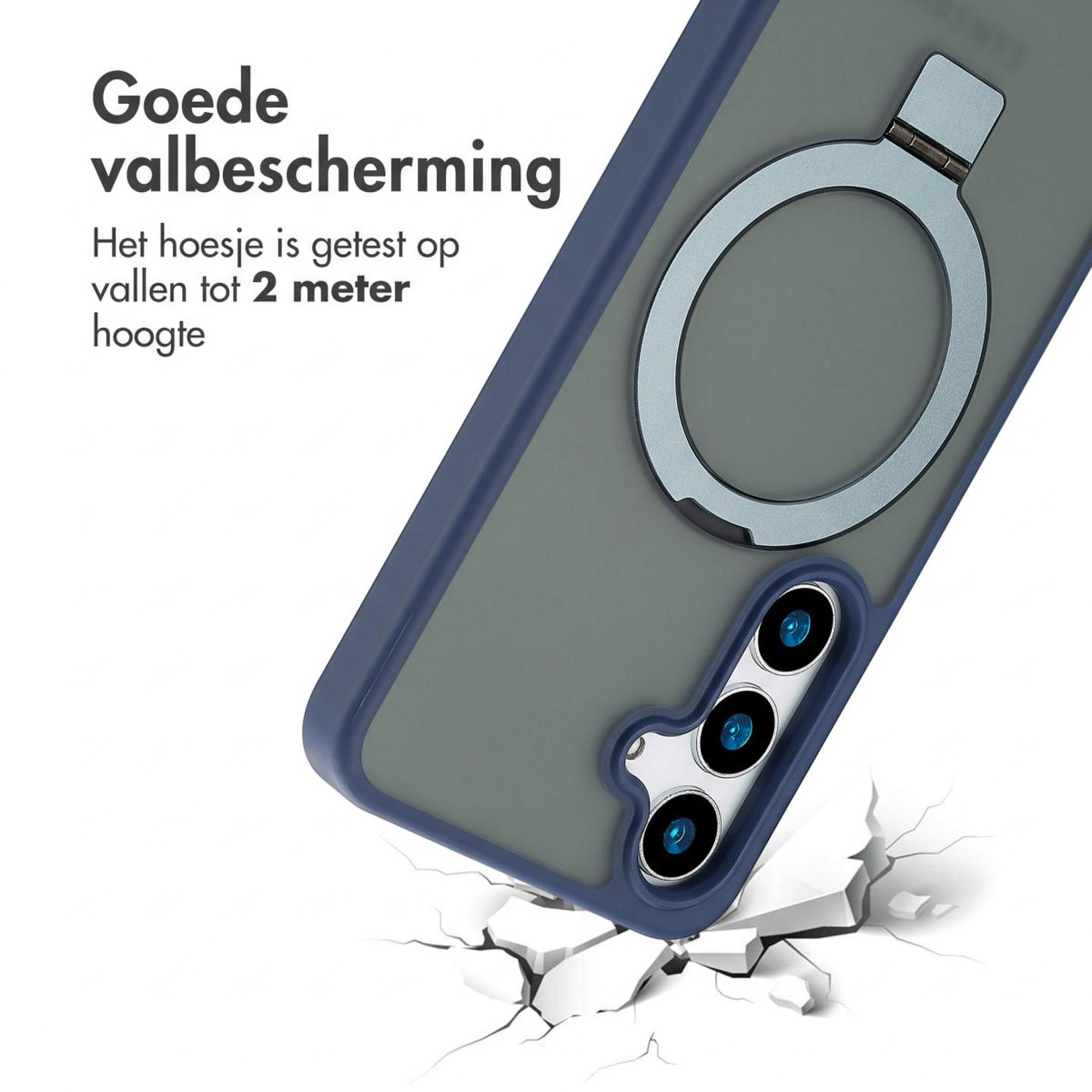 A phone case with a ring and three cameras breaks through a white surface.
