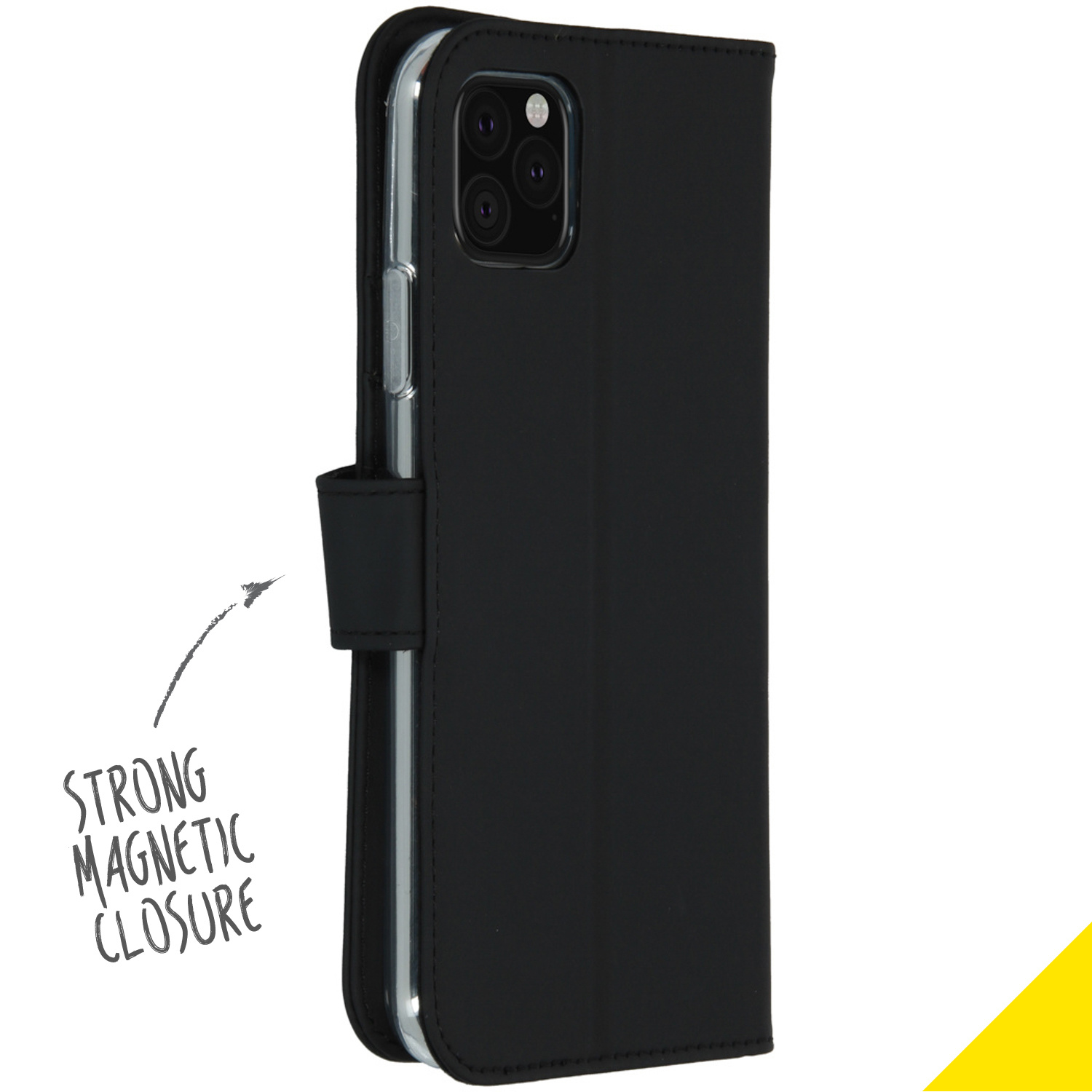 Custodia nera per telefono con chiusura magnetica che protegge un iPhone.