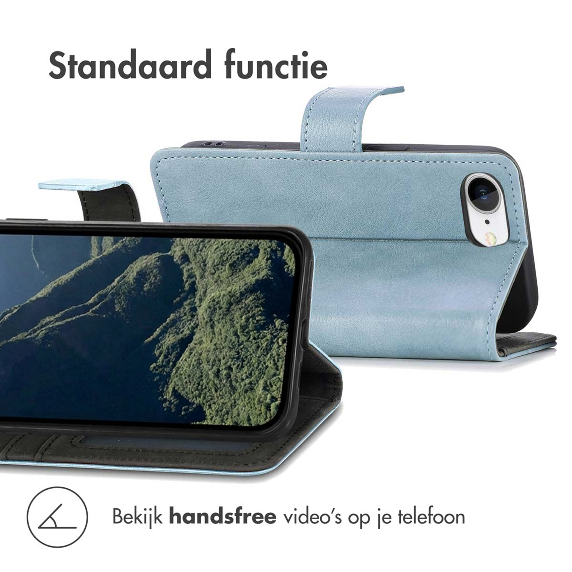 Ein hellblaues Handycover mit Ständerfunktion und Kamerazugang.