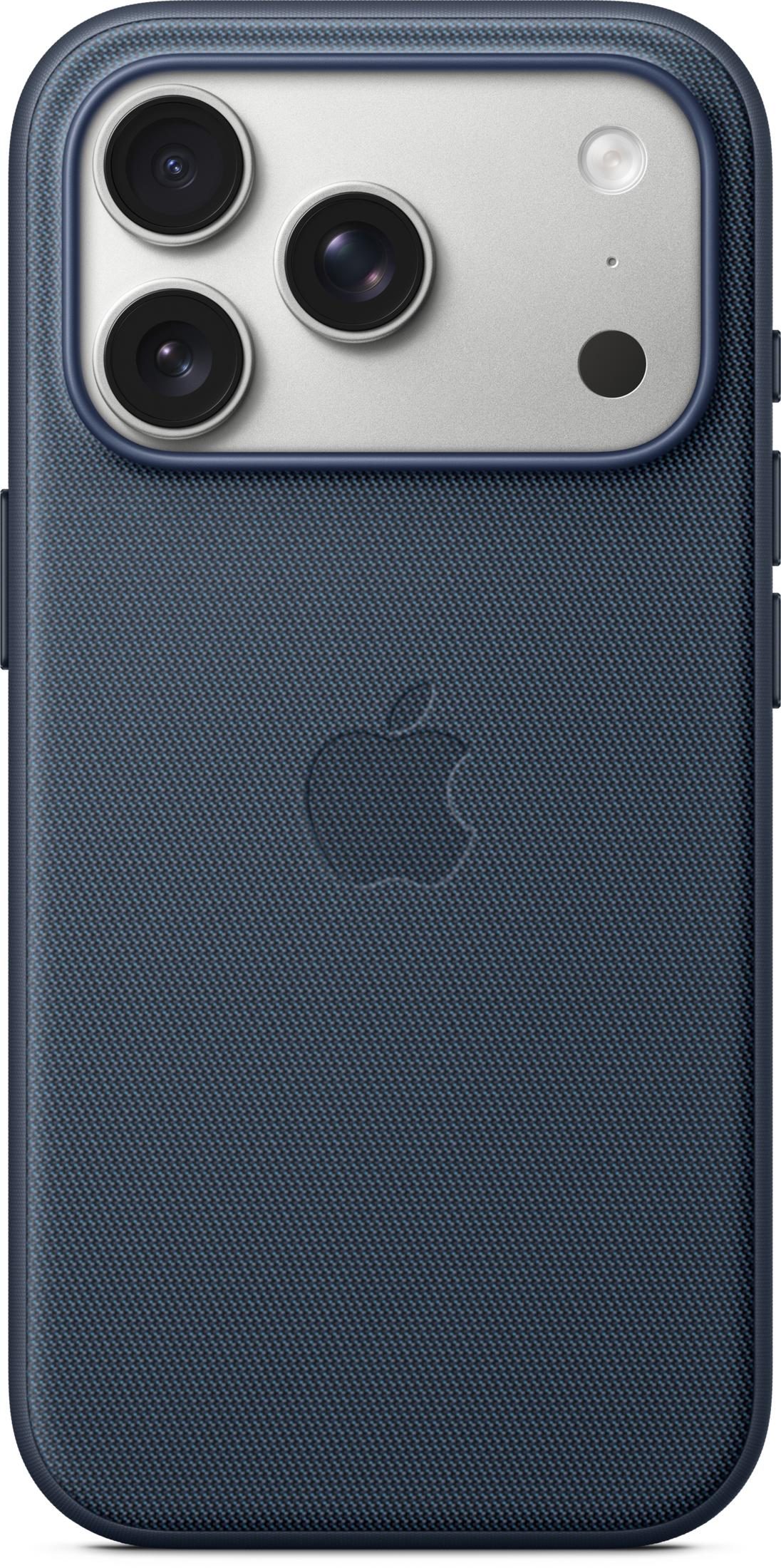 iPhone blu scuro con tripla fotocamera e logo Apple sul retro.