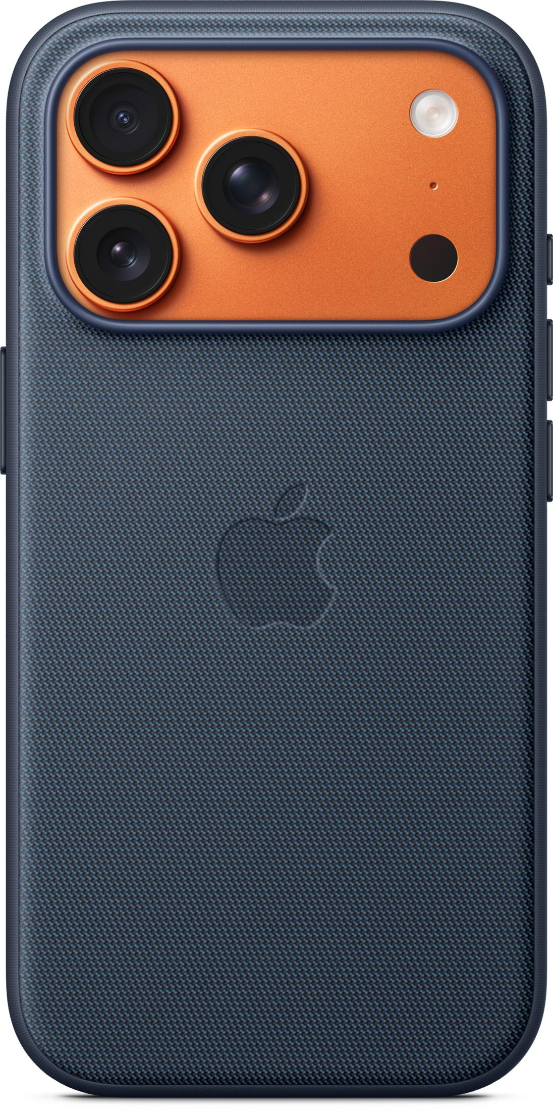 Custodia iPhone blu scuro con modulo fotocamera arancione e tre lenti.