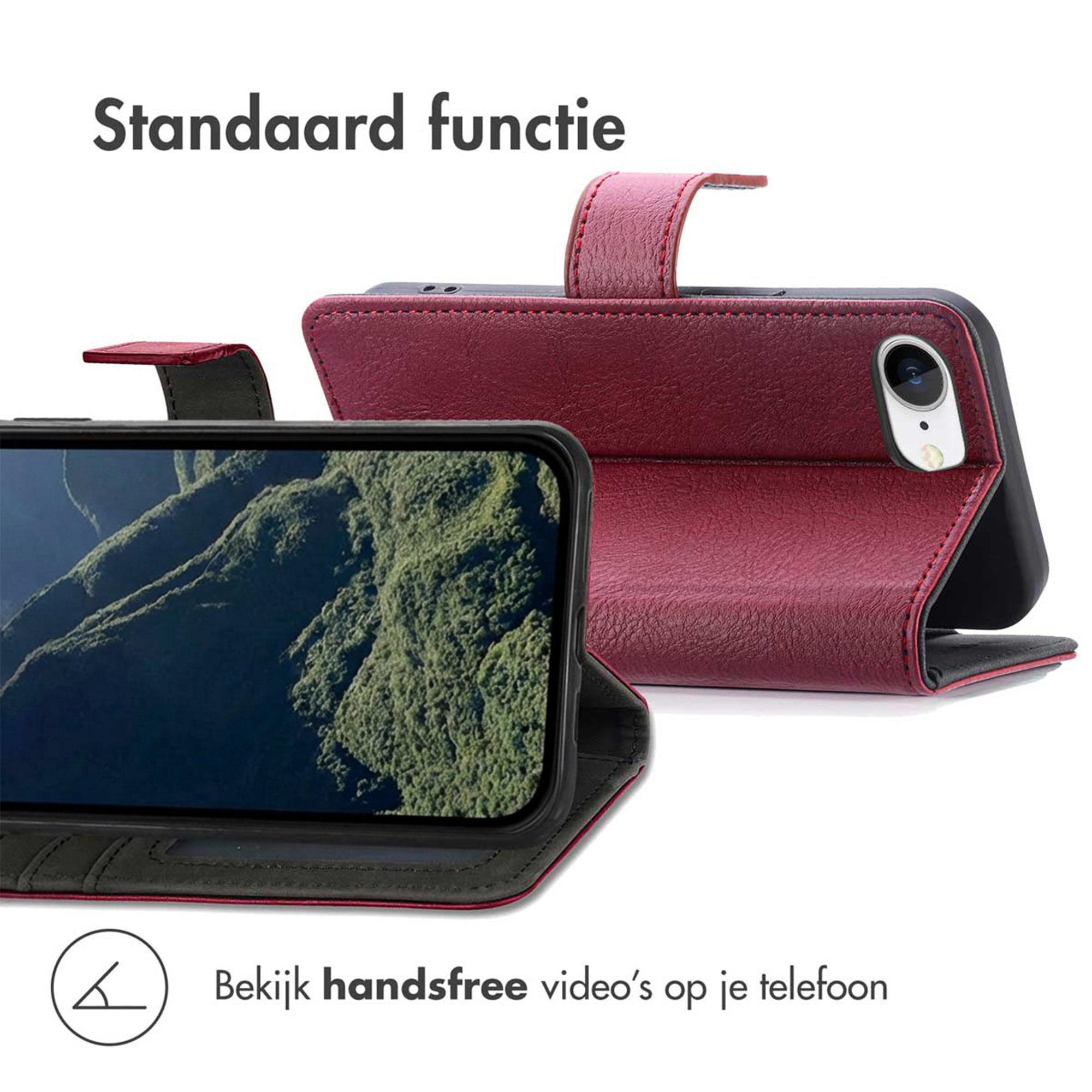 Ein dunkelrotes Handycover im aufgeklappten Zustand. Der Bildschirm zeigt eine bergige Landschaft.