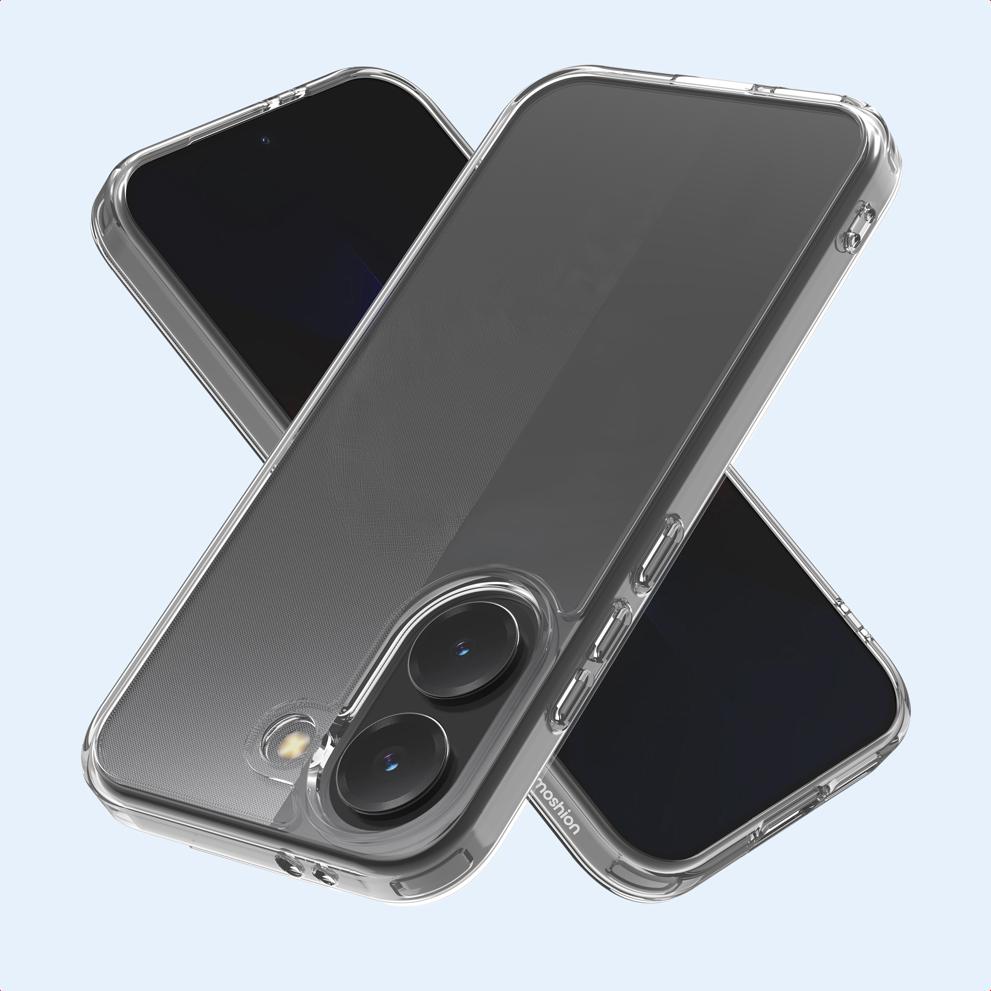 Due custodie trasparenti per telefono incrociate.