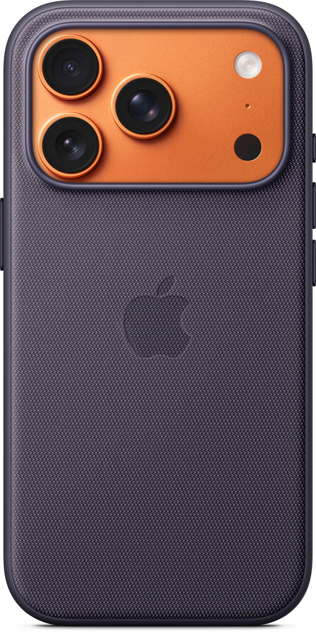 Custodia viola per iPhone con tripla fotocamera su alloggiamento arancione.