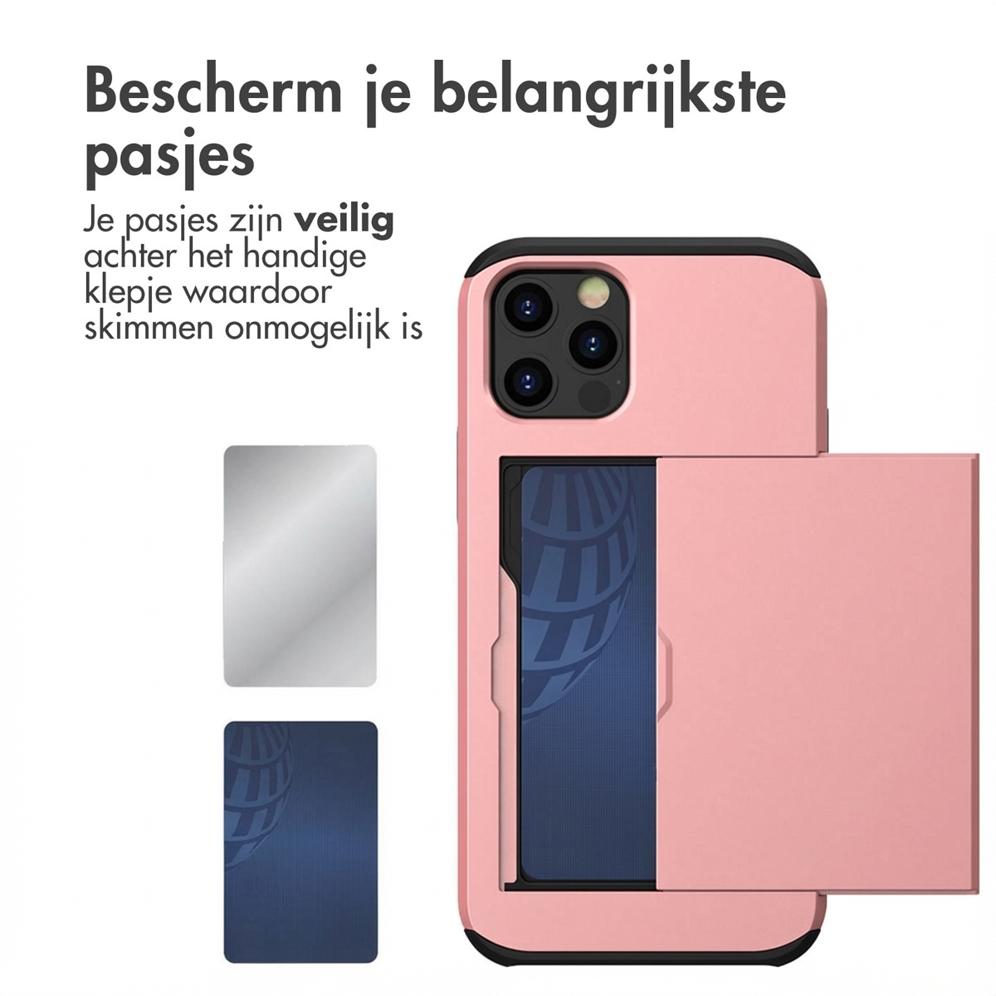 Roze telefoonkaarthouder met schuifdeksel en twee kaarten.