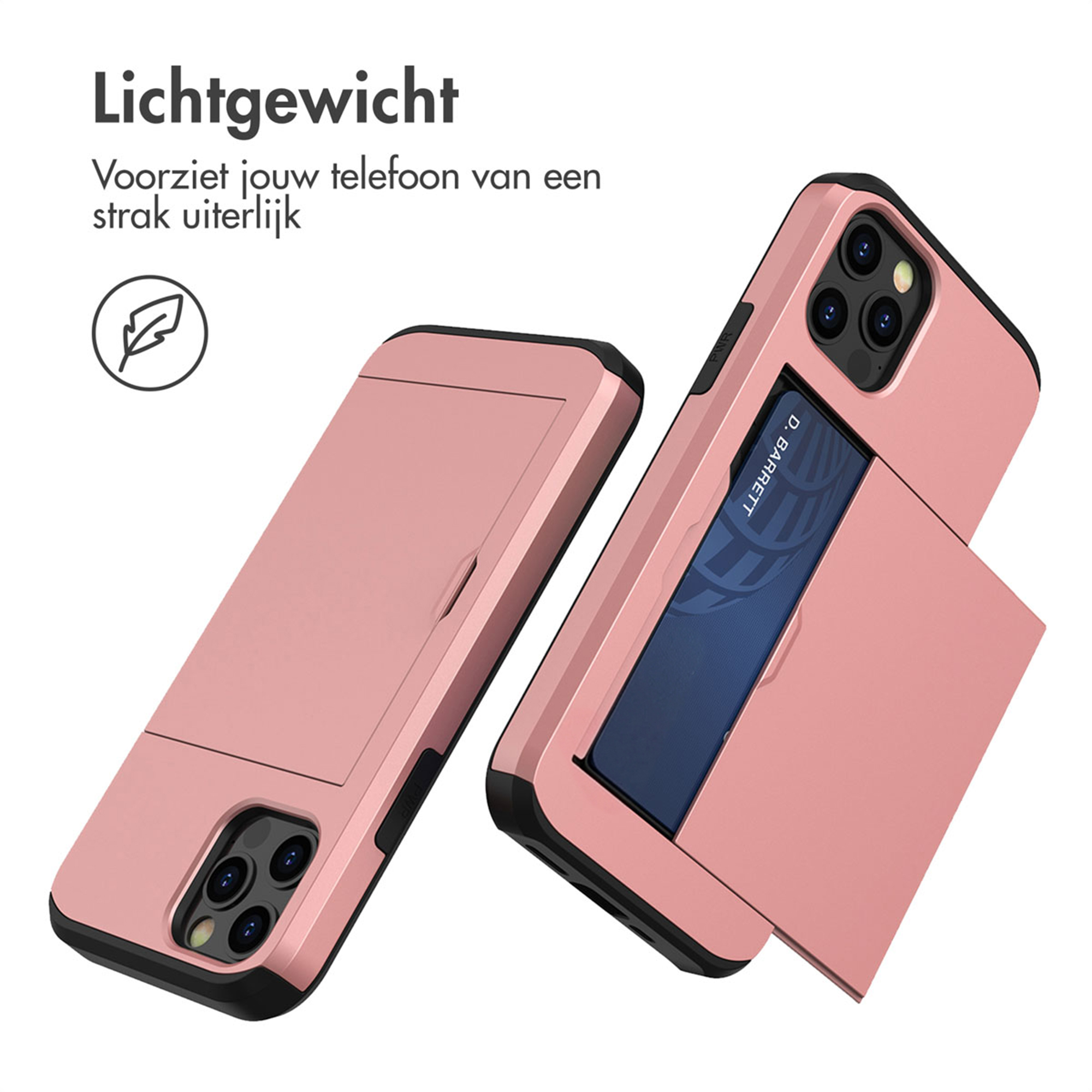 Twee rosékleurige telefoonhoesjes, één met een kaart in het vakje.