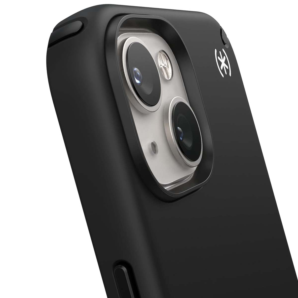 Custodia nera per iPhone che mostra obiettivi della fotocamera e logo.