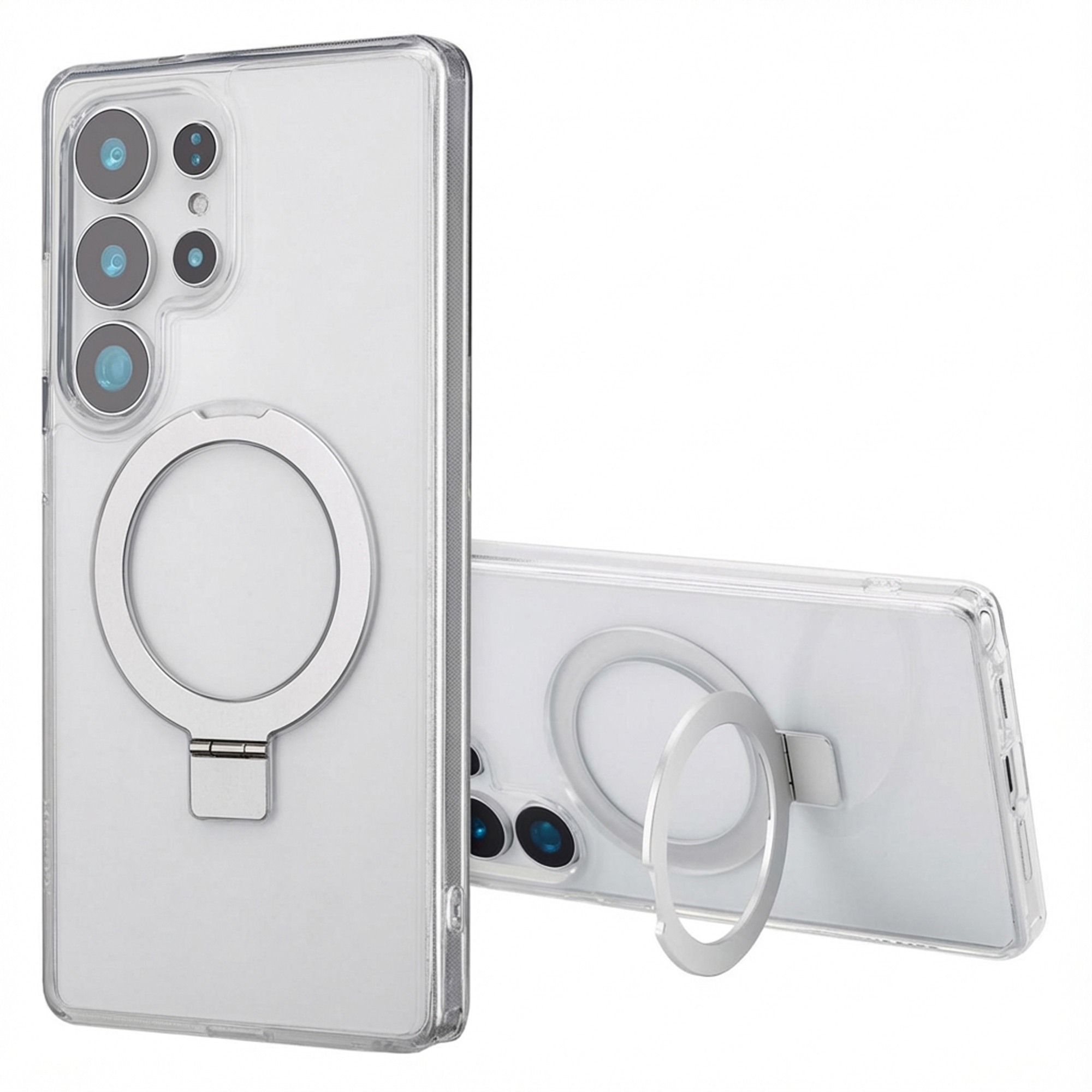 Custodia trasparente per telefono con anello argentato e modulo fotocamera.