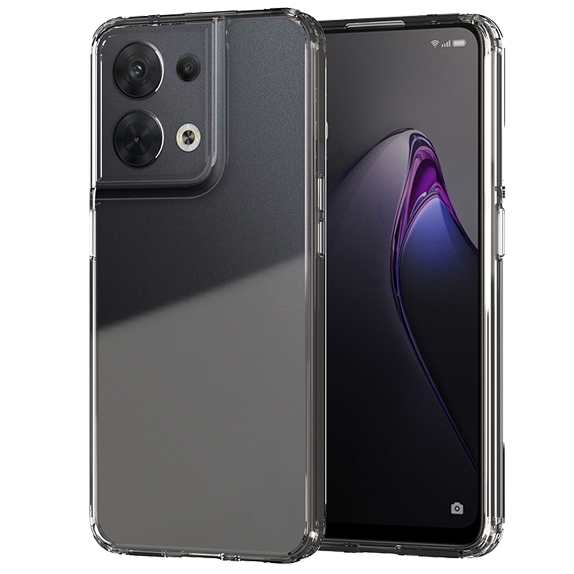 Una custodia trasparente per telefono su un telefono con tre fotocamere.