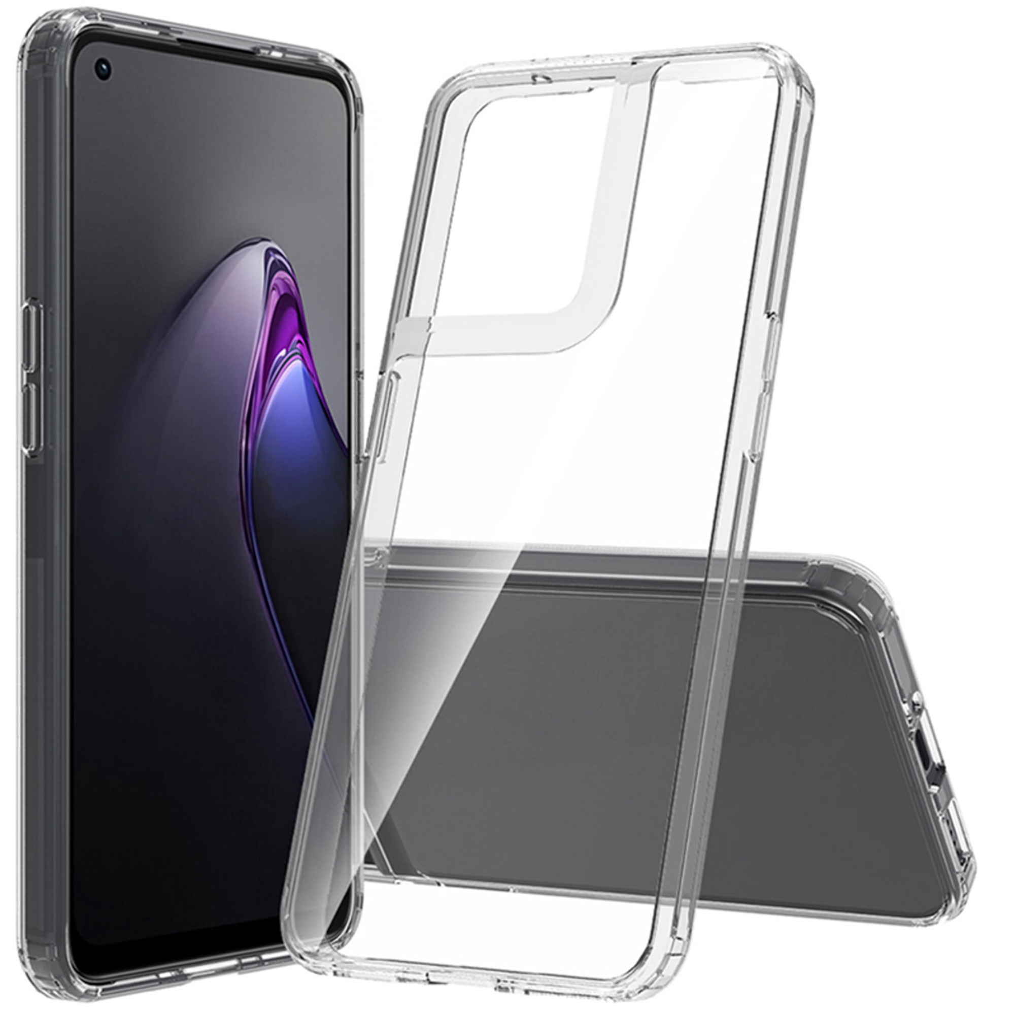 Una custodia trasparente per telefono accanto a uno smartphone con schermo scuro.