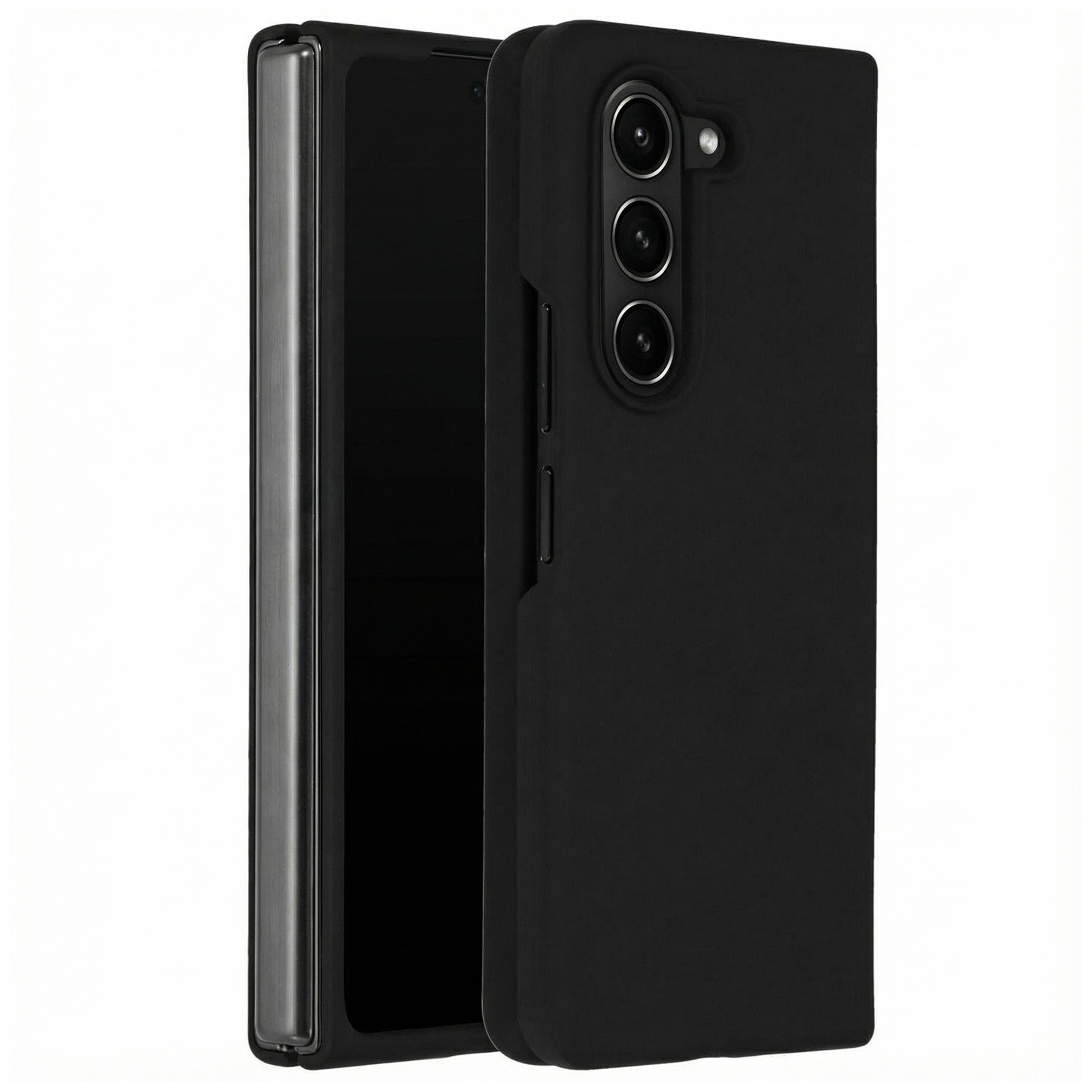 Uno smartphone nero con tre fotocamere e una striscia metallica sul lato sinistro.