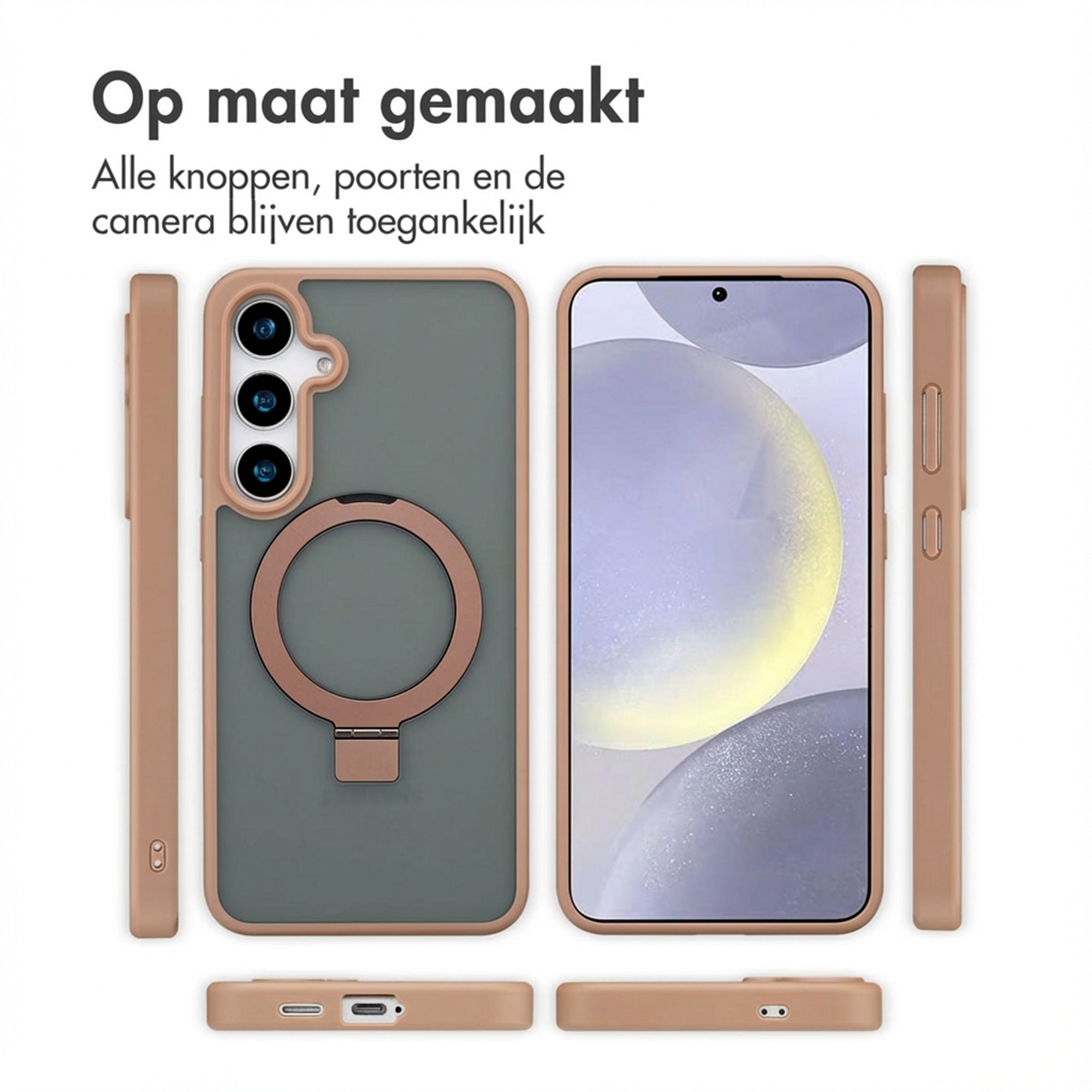 A phone case with ring holder and a smartphone, beige and green.